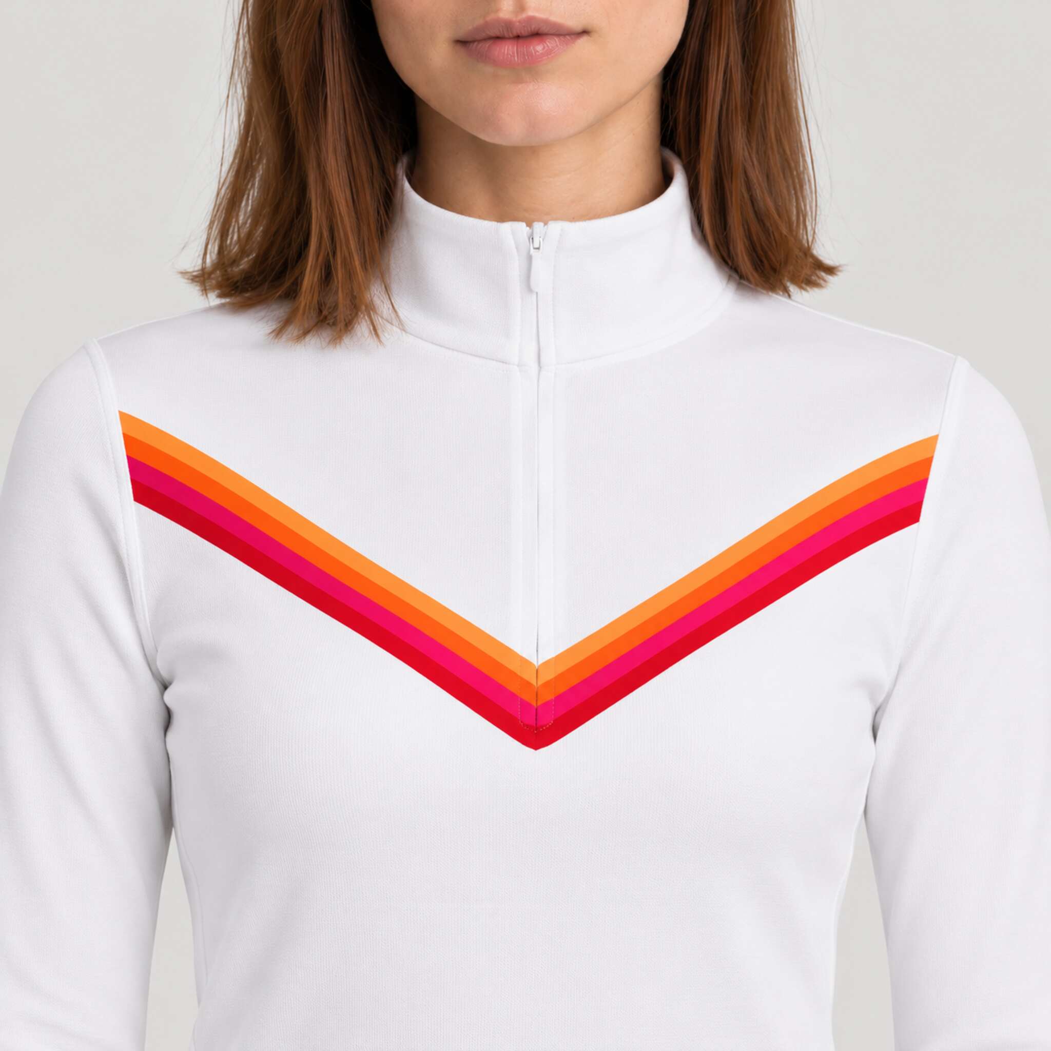 Fera women's Velocity Half Zip in White, close-up showing fabric and design.