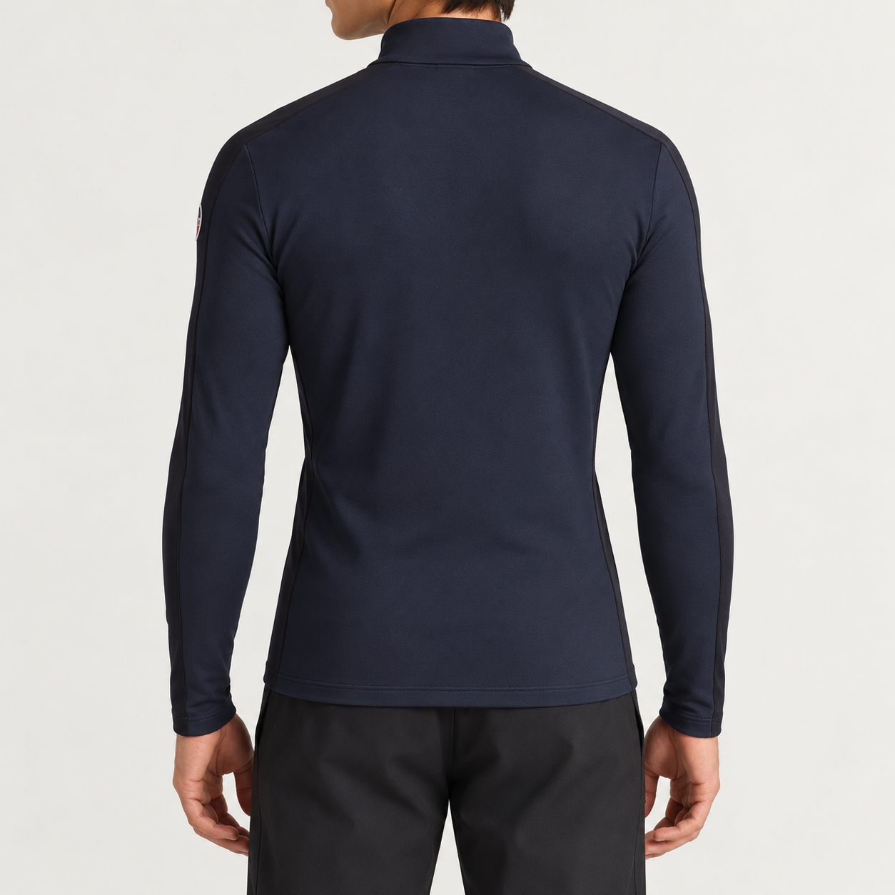 Fusalp men's Alpille IV Midlayer in Navy, back view on model.