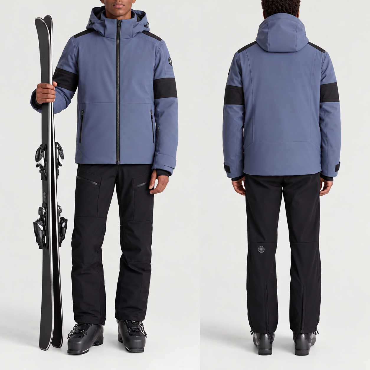 Fusalp men's Amwo Ski Jacket in Sea Blue, full outfit on model holding skis.