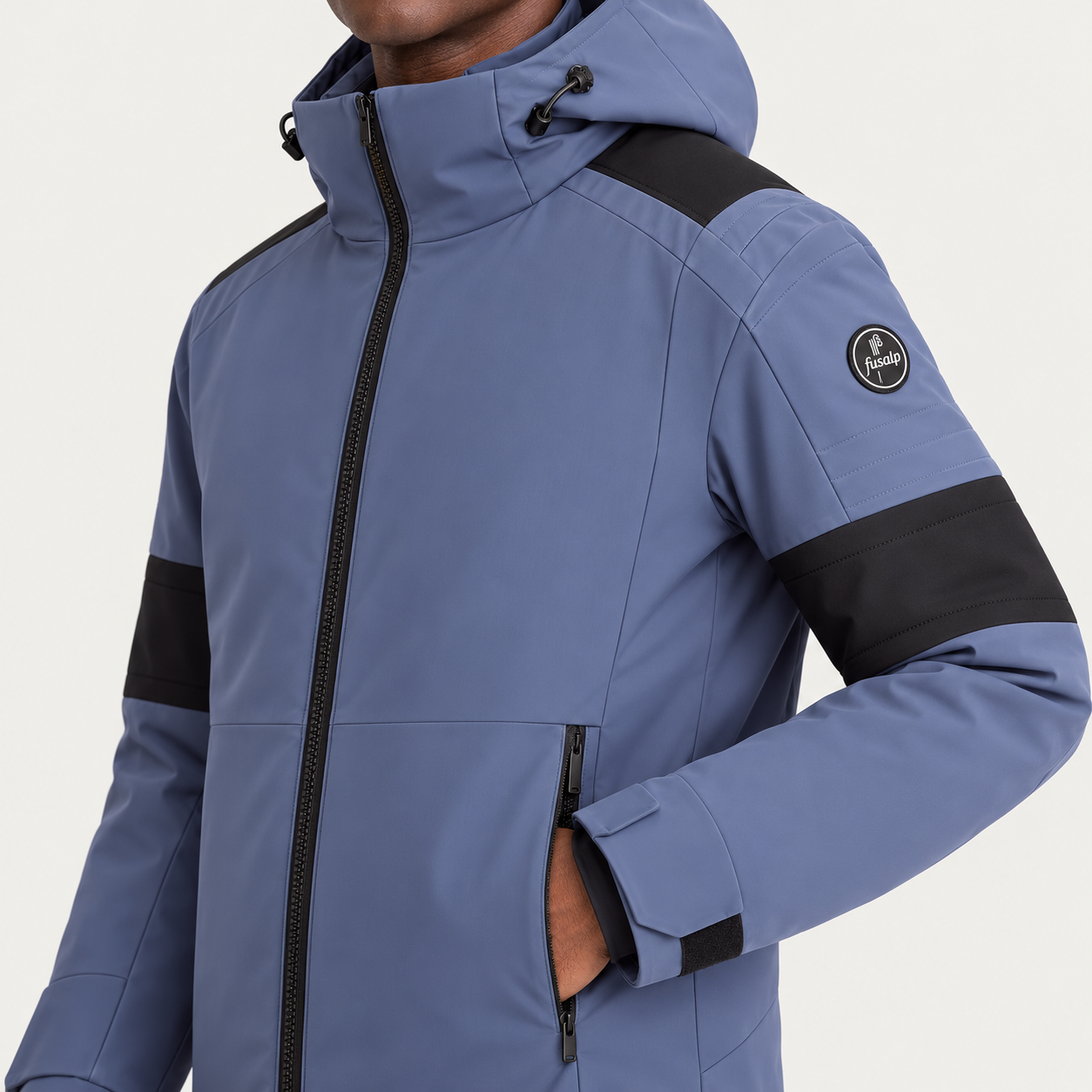 Fusalp men's Amwo Ski Jacket in Sea Blue, close-up of fabric and design.