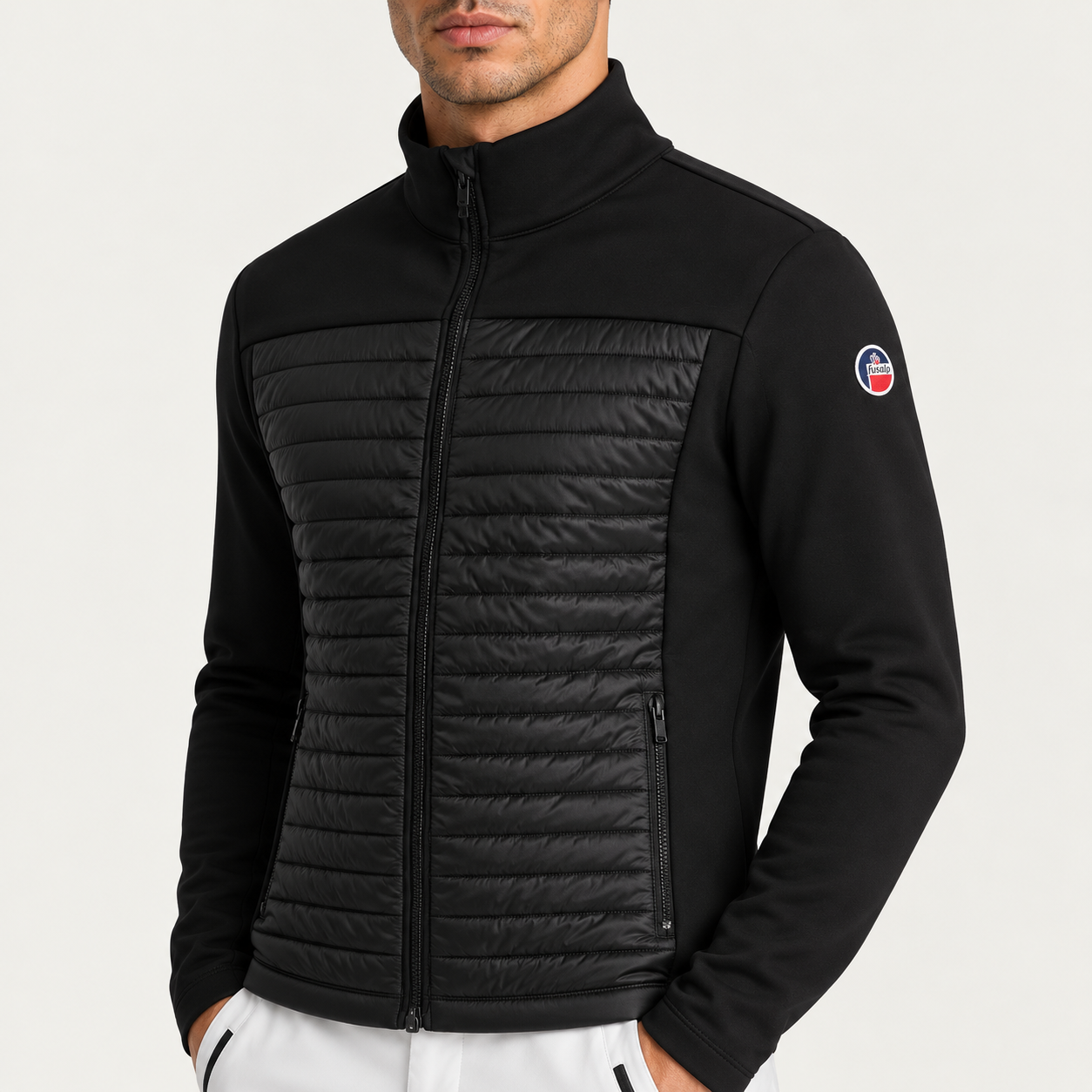 Fusalp men's Aspon II Midlayer in Black, close-up of fabric and design.