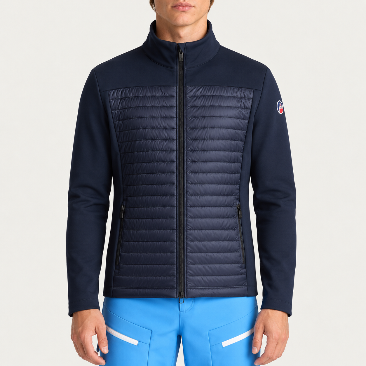 Fusalp men's Aspon II Midlayer in Navy, front view on model.