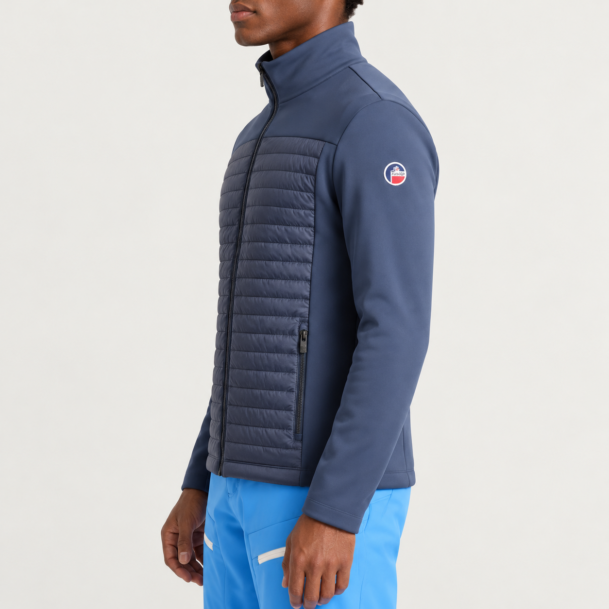 Fusalp men's Aspon II Midlayer in Sea Blue, side view on model.