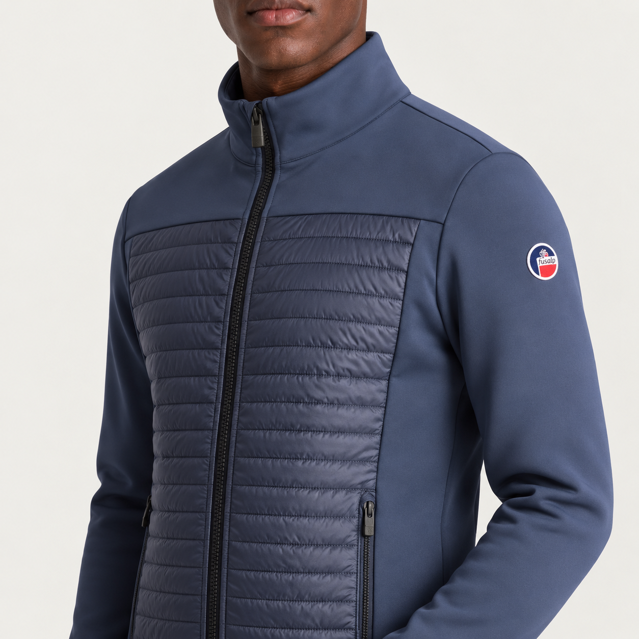 Fusalp men's Aspon II Midlayer in Sea Blue, close-up of fabric and design.