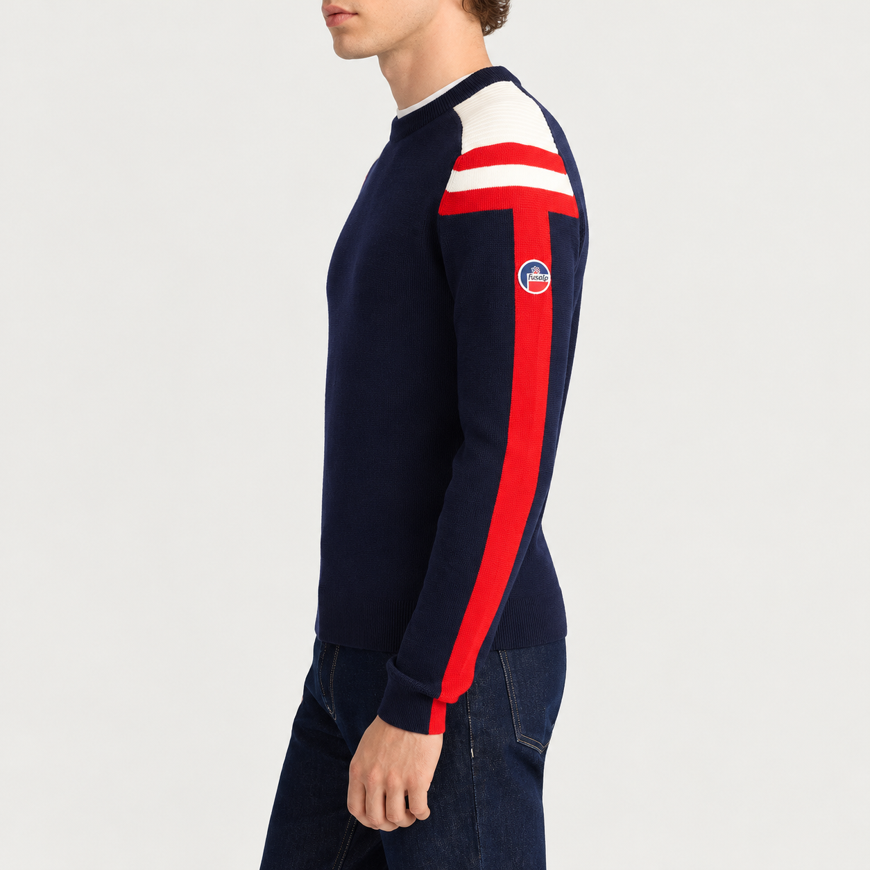 Fusalp men's Astion Sweater in Marin, side view on model.