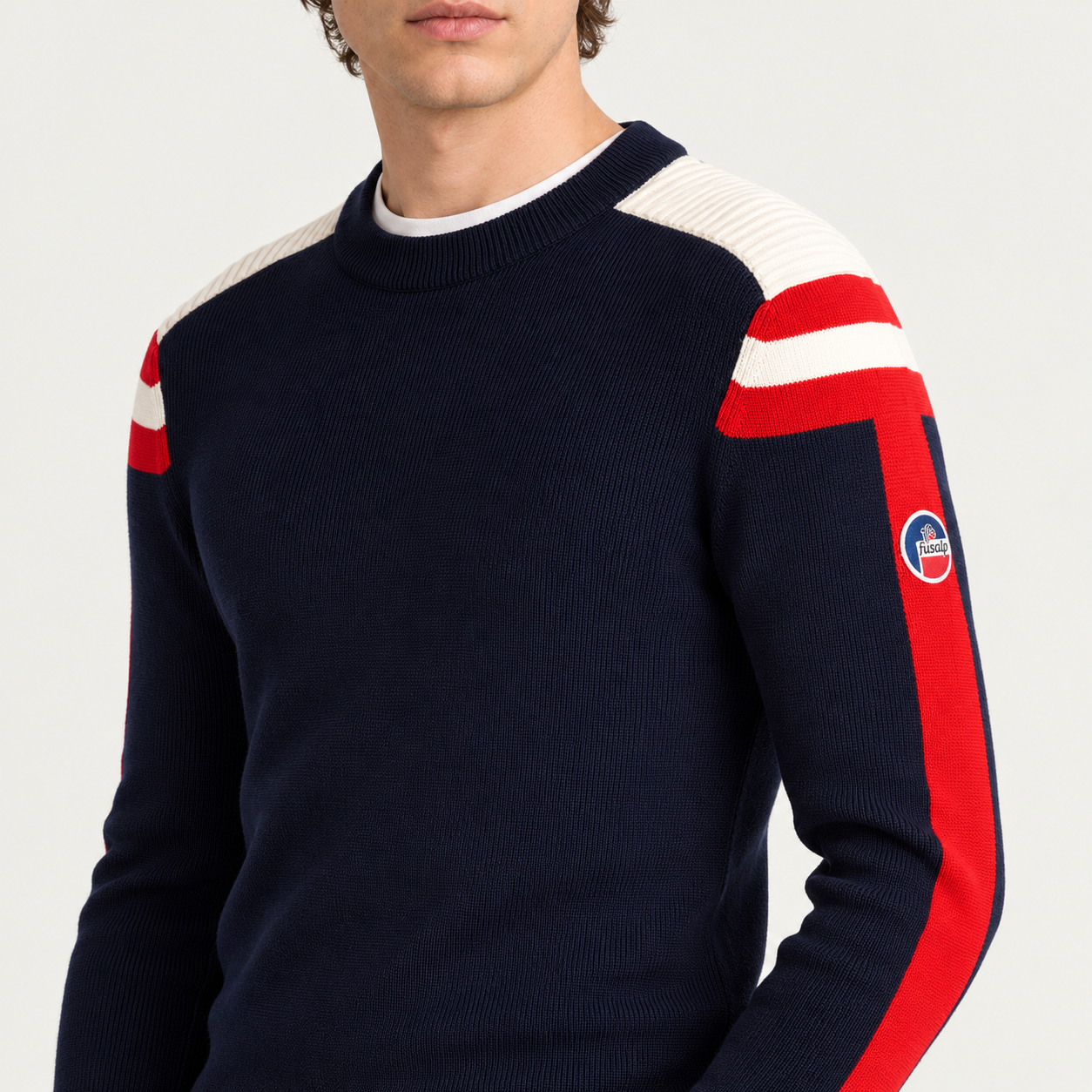 Fusalp men's Astion Sweater in Marin, close-up of fabric and design.