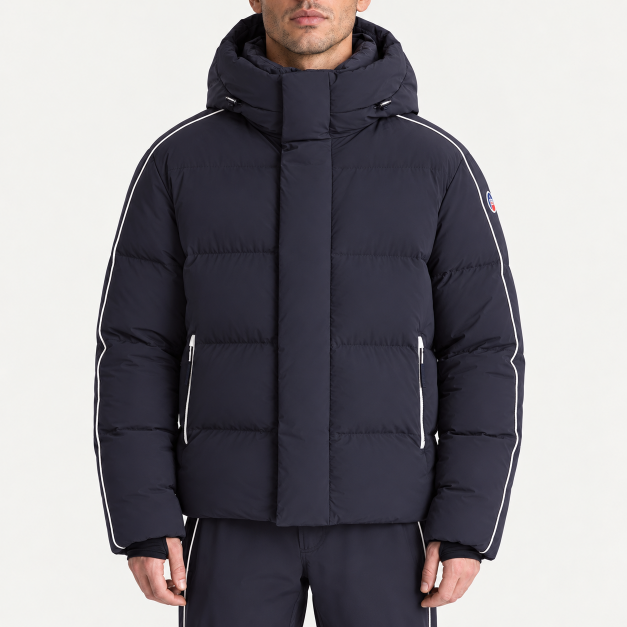 Fusalp men's Atila Graphic Ski Jacket in Navy, front view on model.