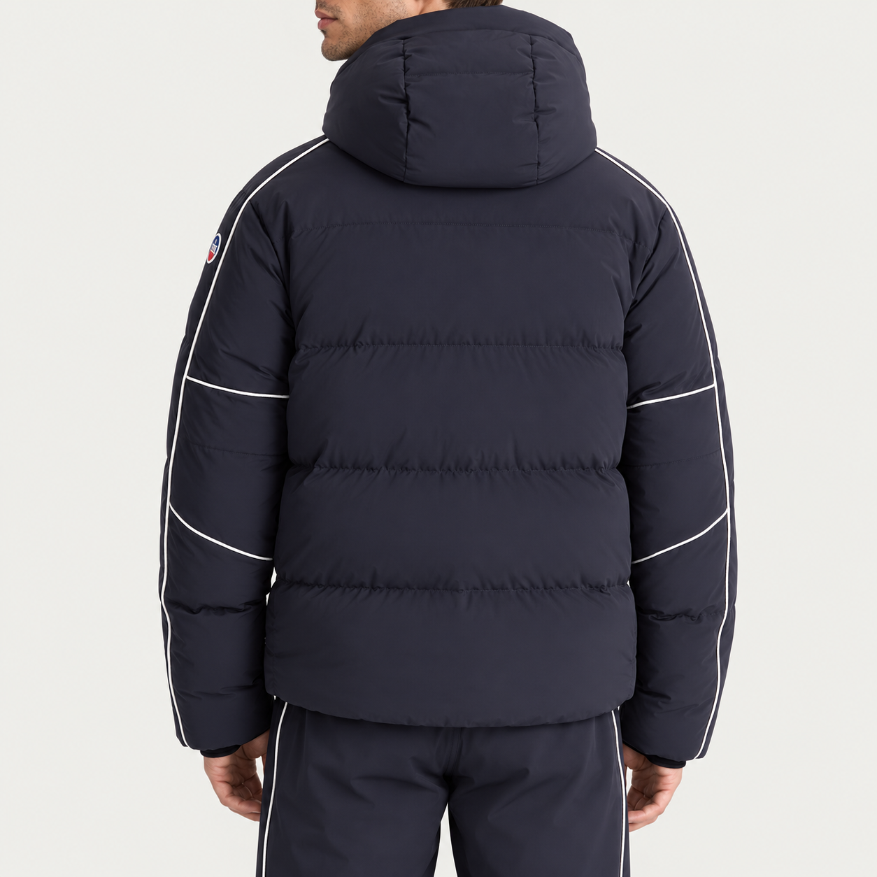 Fusalp men's Atila Graphic Ski Jacket in Navy, back view on model.