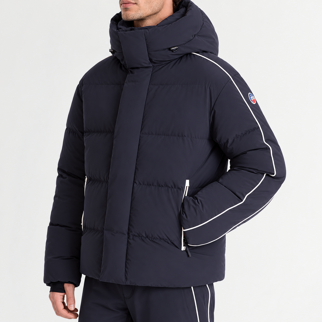 Fusalp men's Atila Graphic Ski Jacket in Navy, close-up of fabric and design.