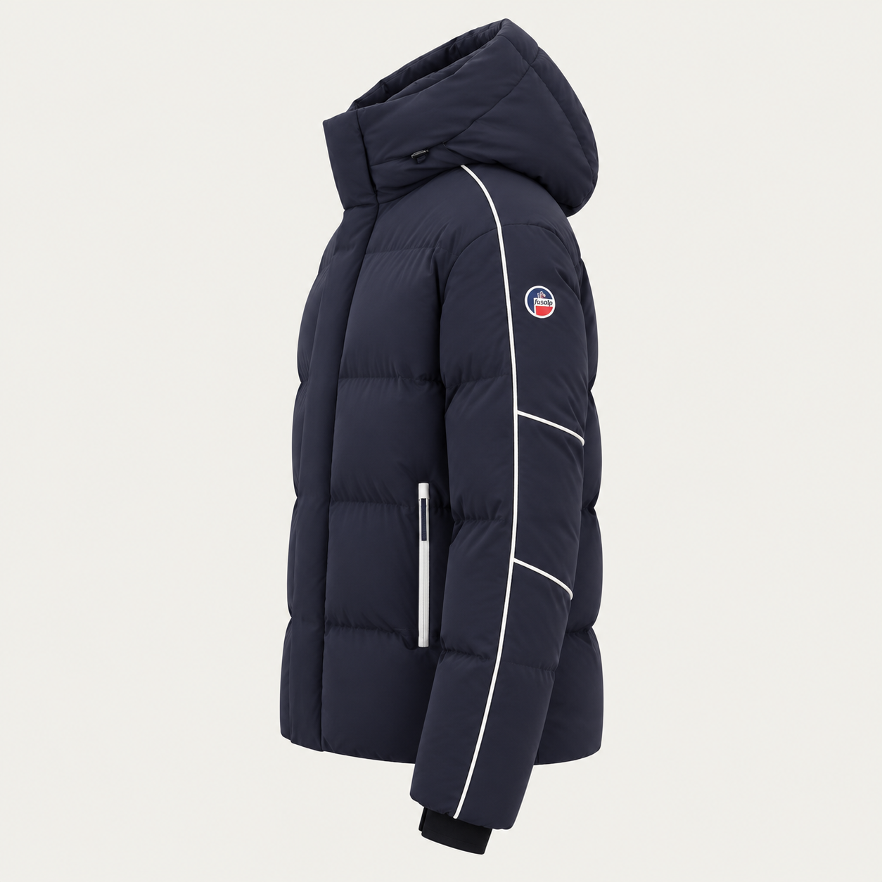 Fusalp men's Atila Graphic Ski Jacket in Navy, side product view.
