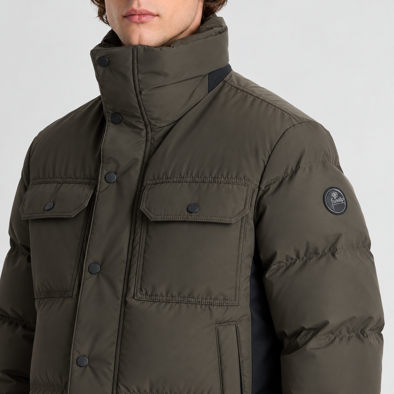 Fusalp men's Carlo Ski Jacket in Grove/Black, close-up of fabric and design.