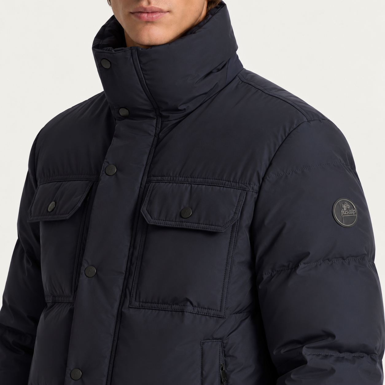 Fusalp men's Carlo Ski Jacket in Marin, close-up of fabric and design.