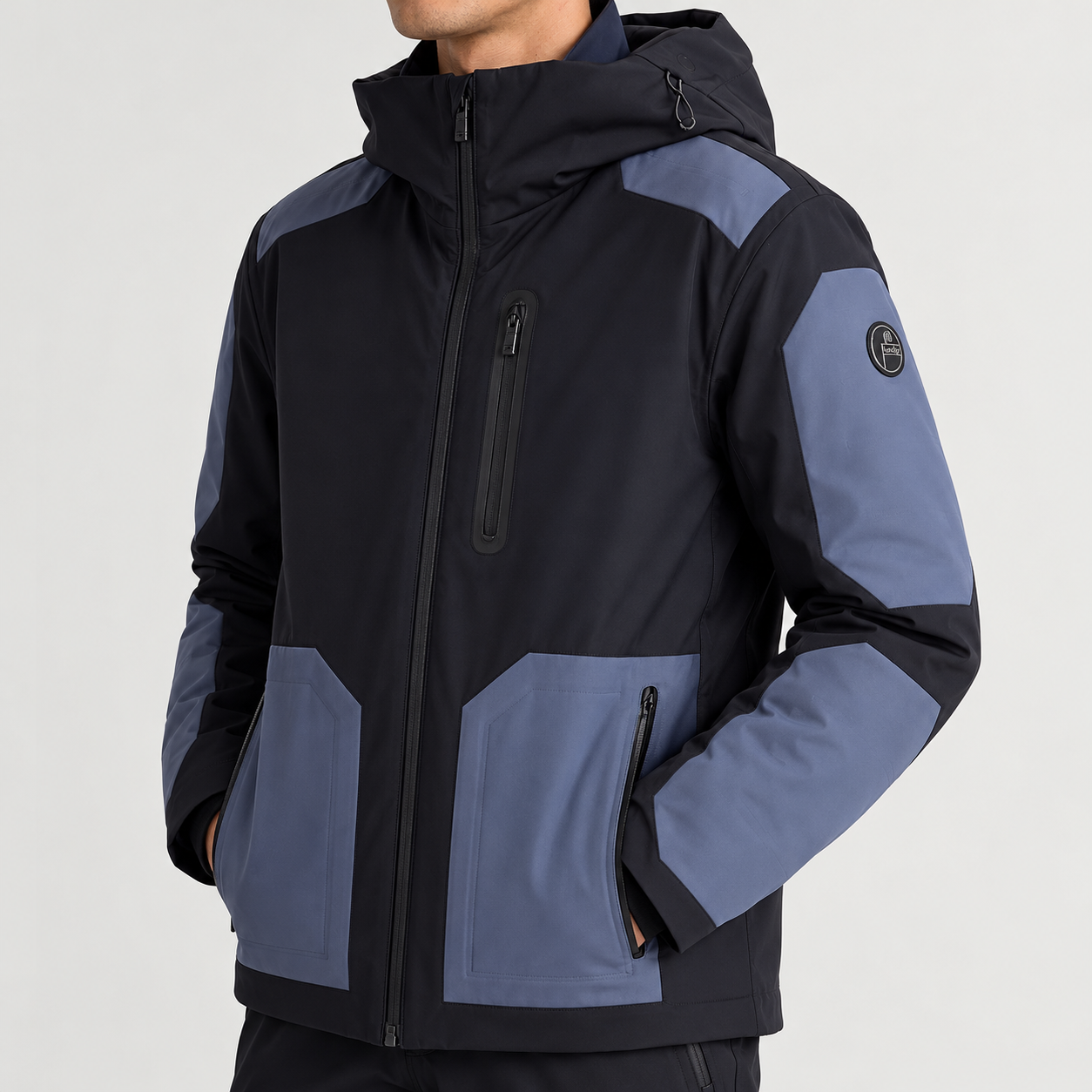 Fusalp men's Lirsan Ski Jacket in Black/Grey Sea, close-up of fabric and design.