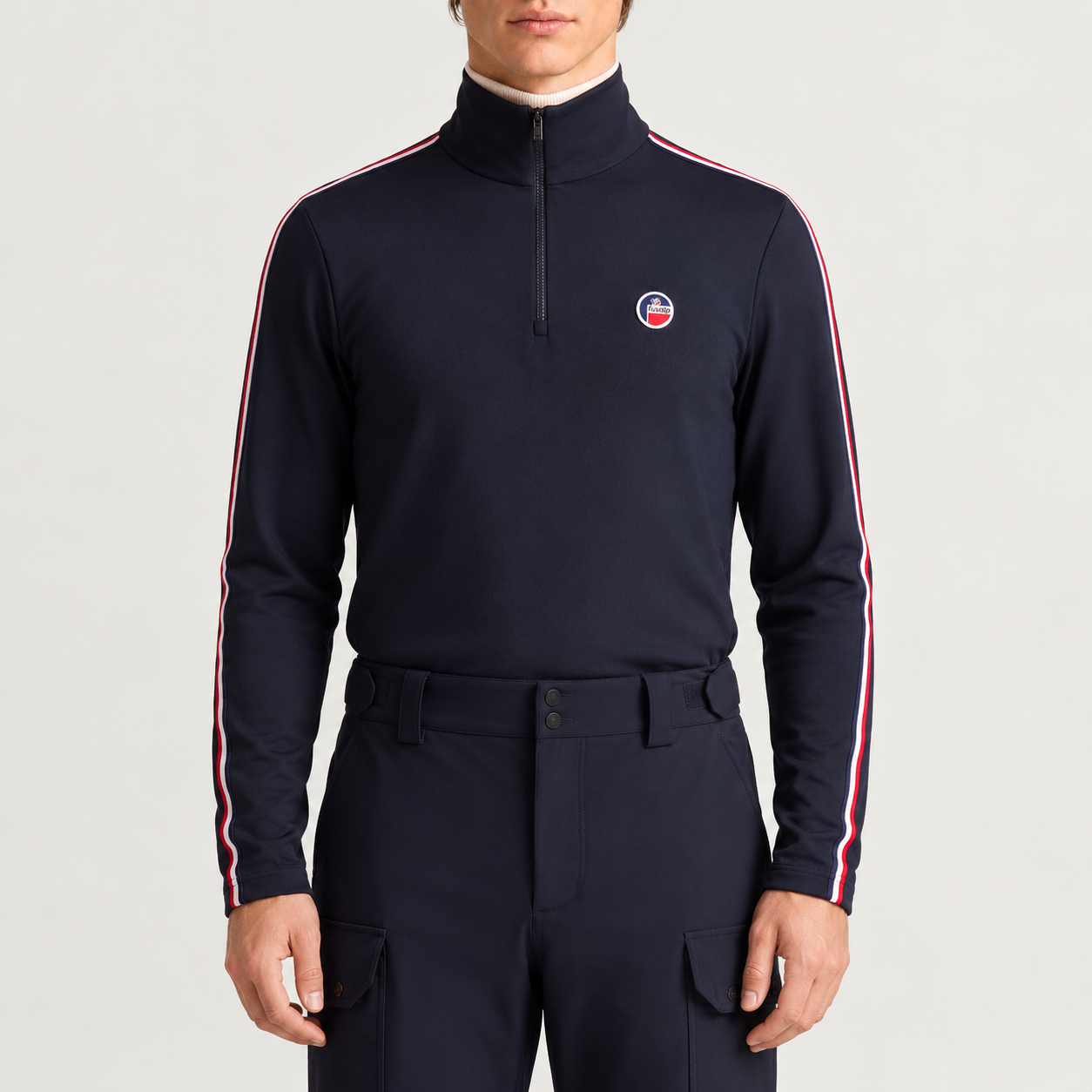 Fusalp men's Mario III Midlayer in Navy, front view on model.