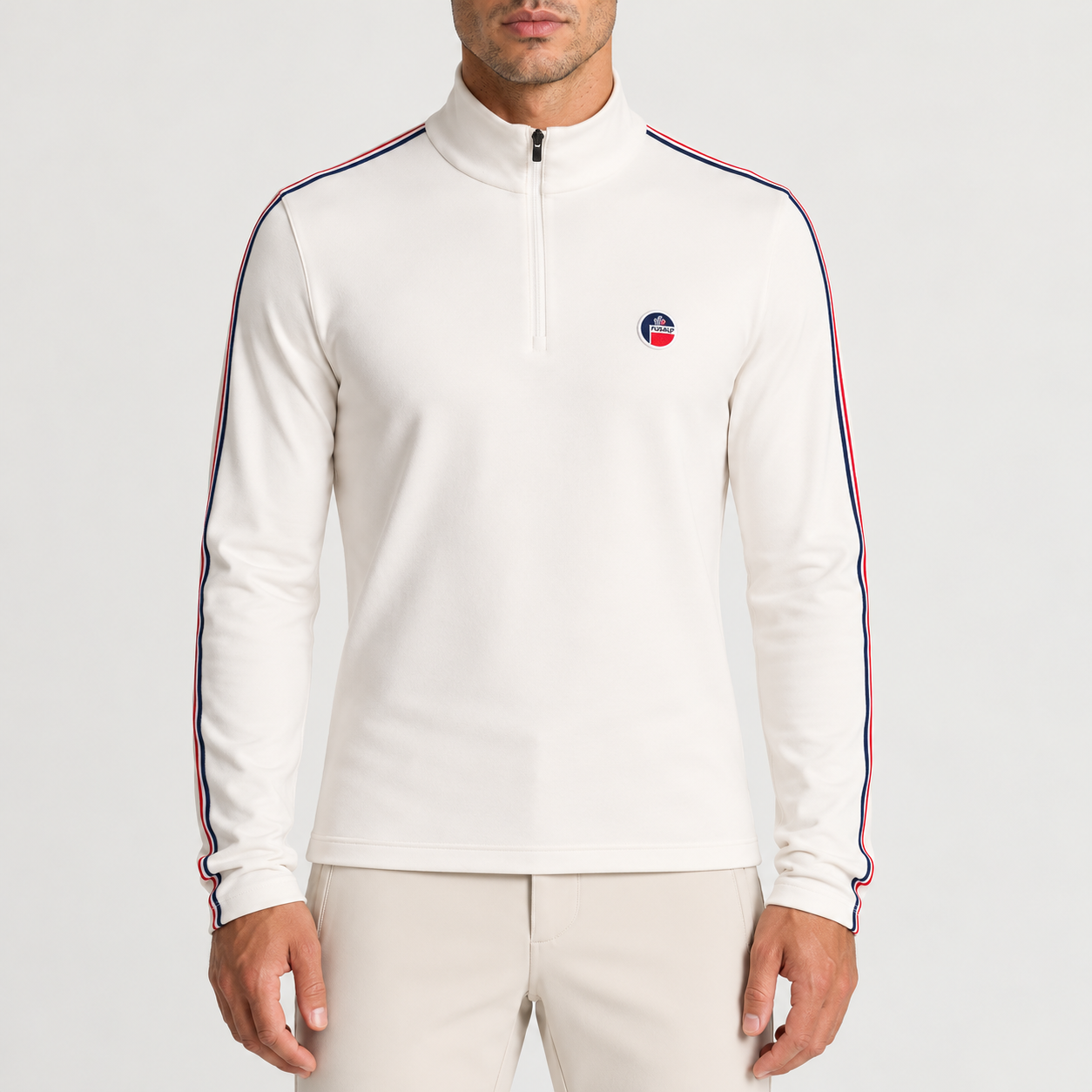 Fusalp men's Mario III Midlayer in White, front view on model.