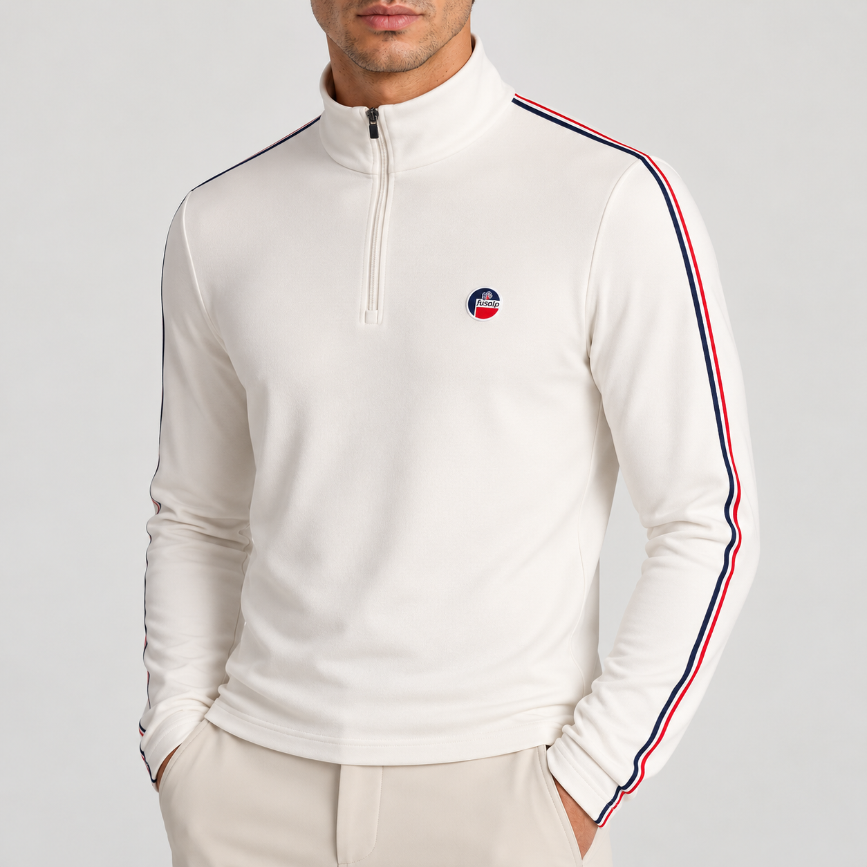 Fusalp men's Mario III Midlayer in White, close-up of fabric and design.