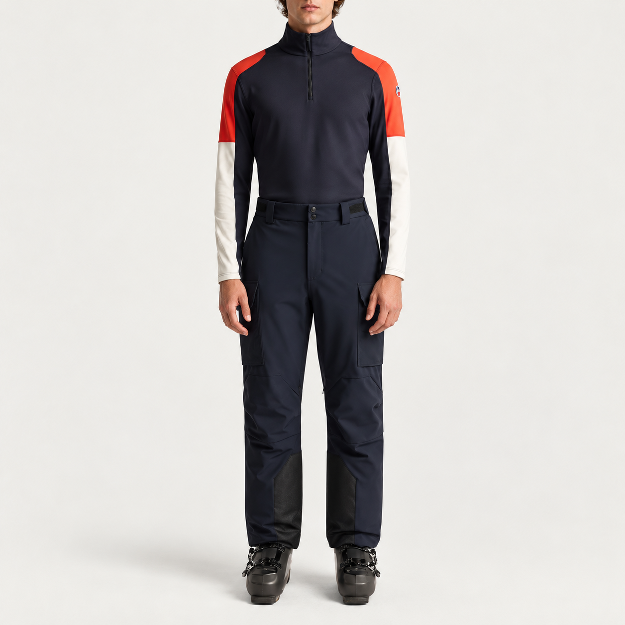 Fusalp men's Pravio Midlayer in Navy, full outfit on model.