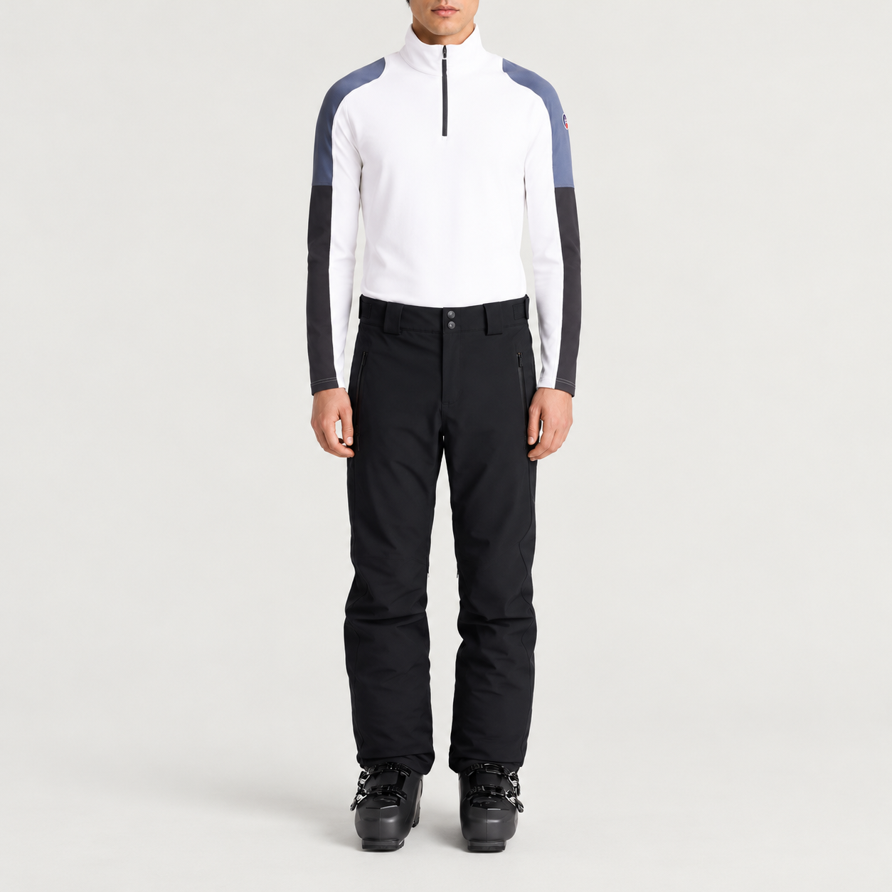 Fusalp men's Pravio Midlayer in White, full outfit on model.