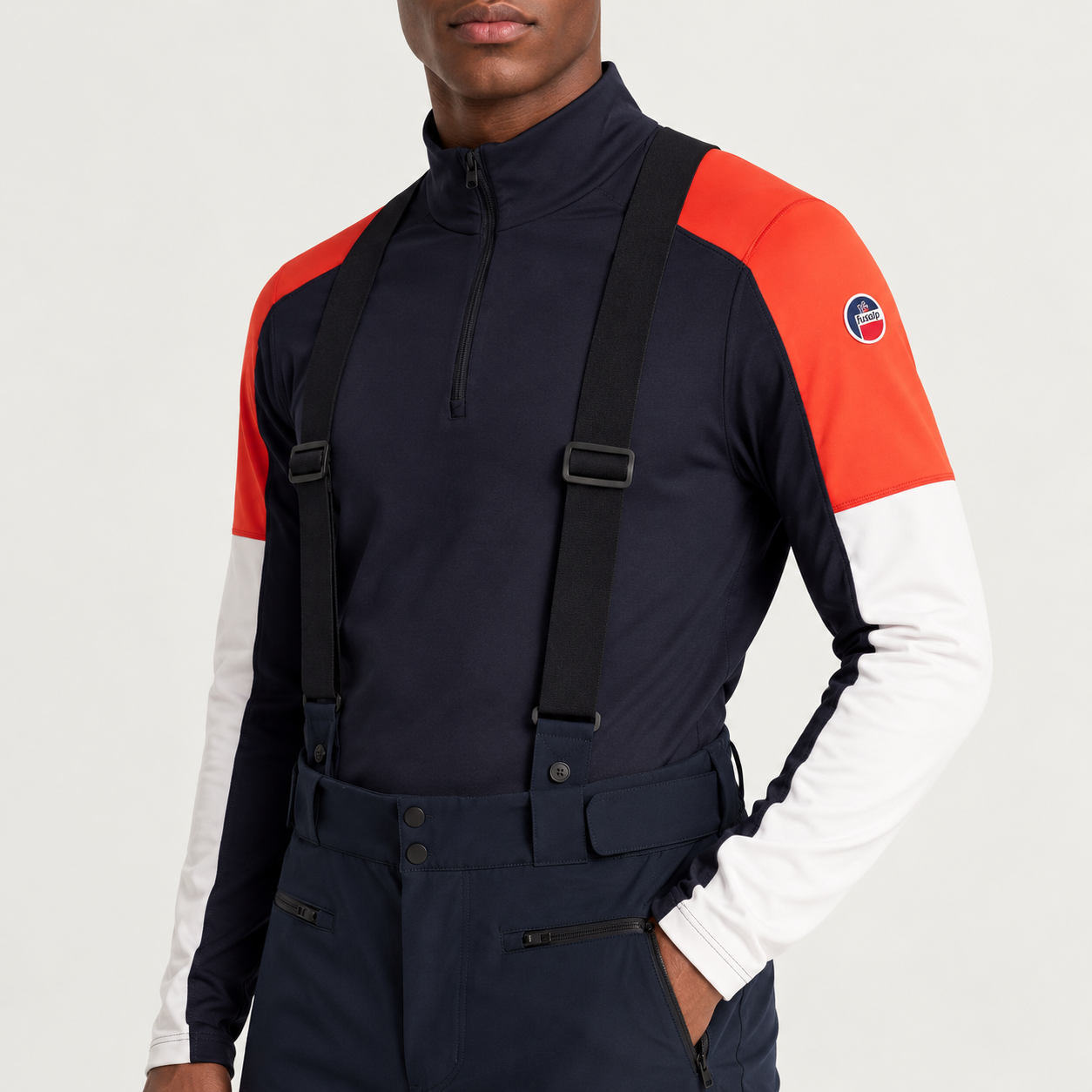 Fusalp men's Tomaso Ski Pants in Navy, close-up of fabric and design.