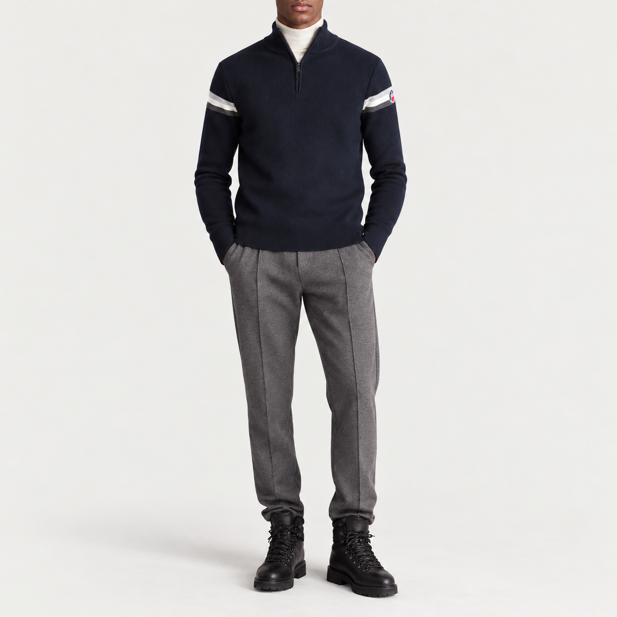 Fusalp men's Wengen IV Sweater in Navy, full outfit on model.