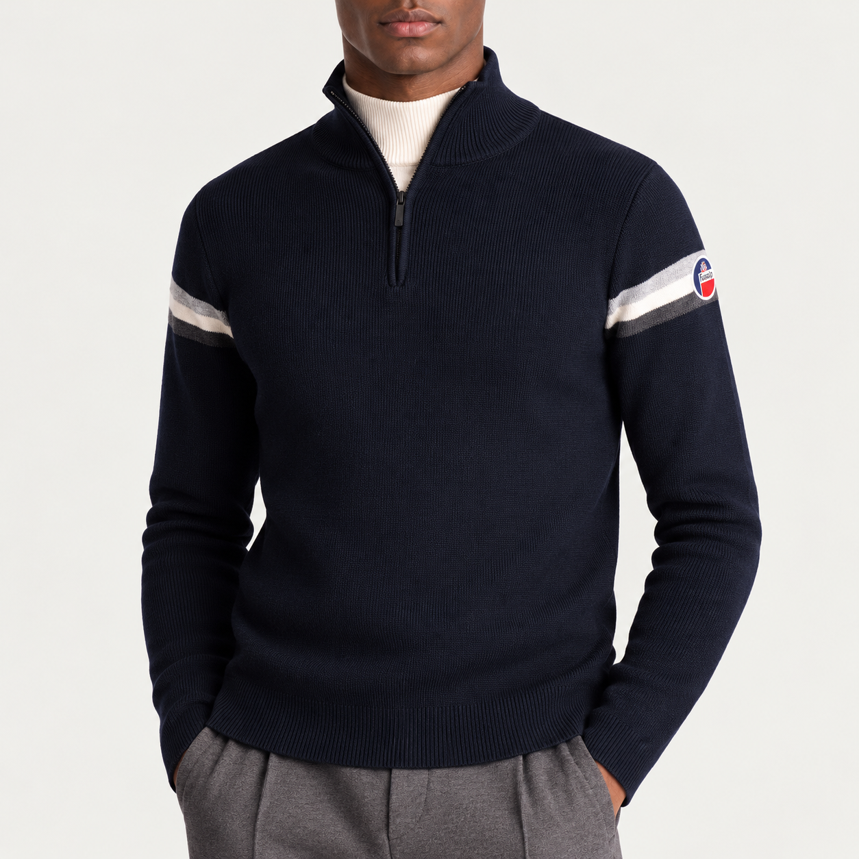 Fusalp men's Wengen IV Sweater in Navy, close-up of fabric and design.
