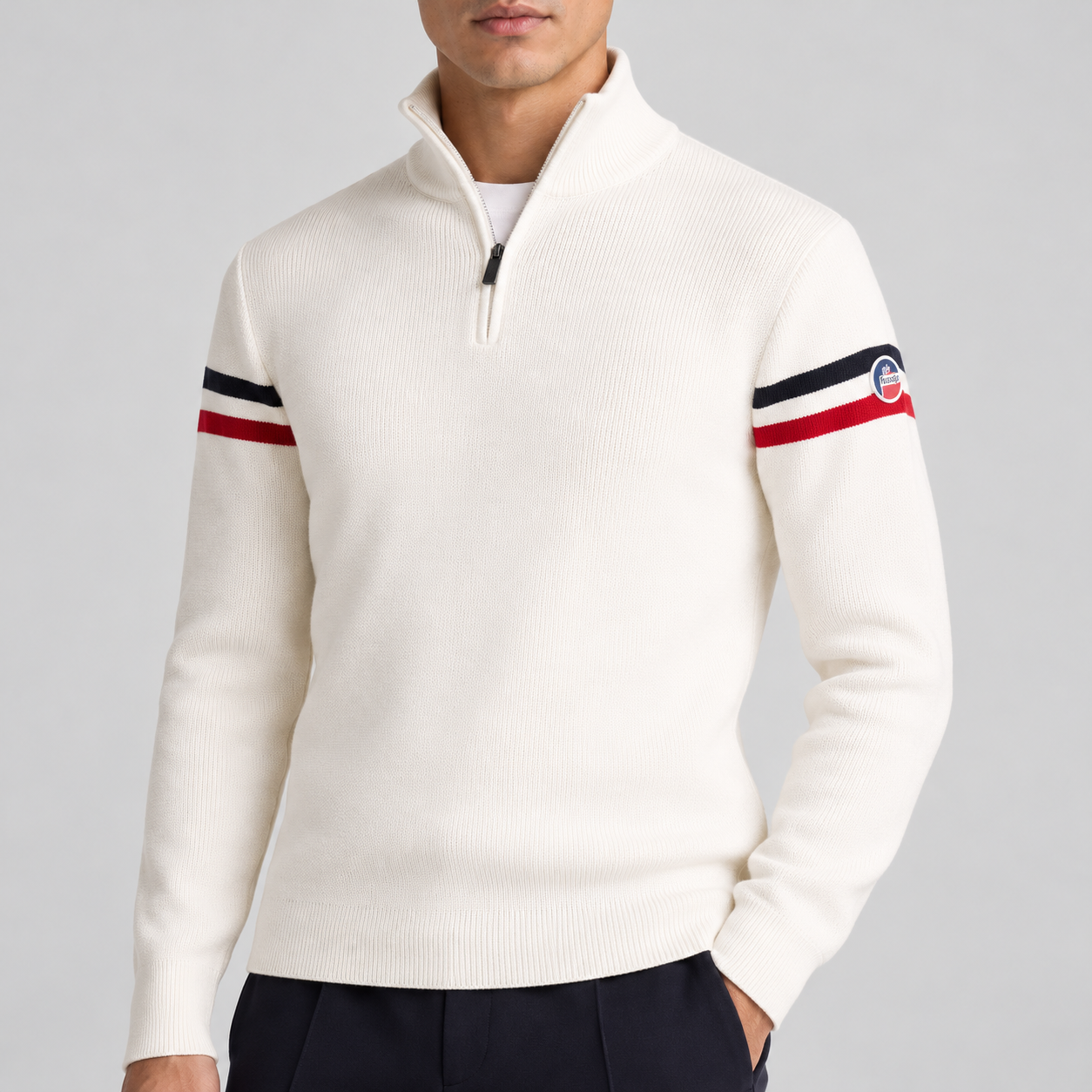 Fusalp men's Wengen IV Sweater in White, close-up of fabric and design.