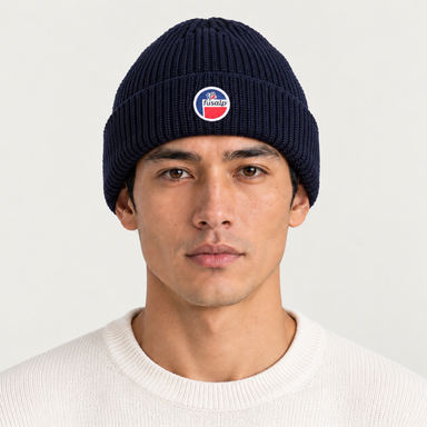 Fusalp unisex Cosmic Beanie in Navy, front view on male model.