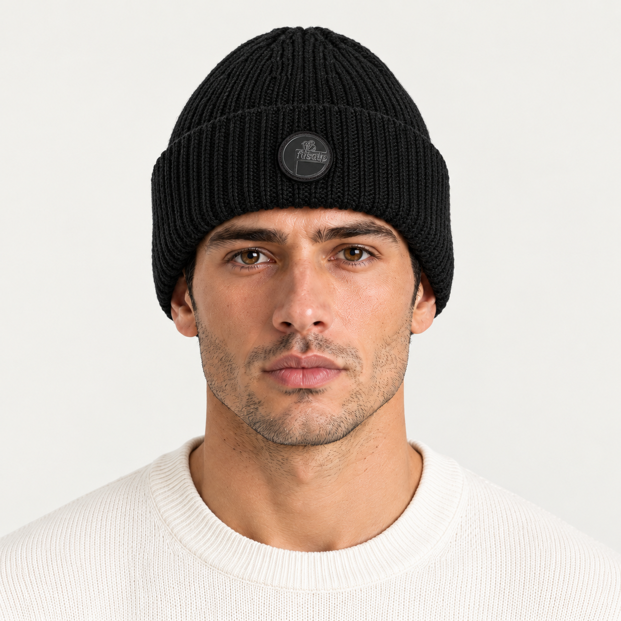 Fusalp unisex Knit II Beanie in Black, front view on male model.