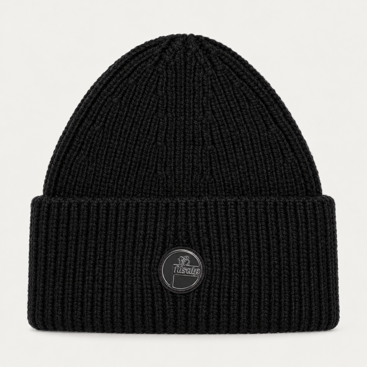 Fusalp unisex Knit II Beanie in Black, product view showing knit texture and branding.
