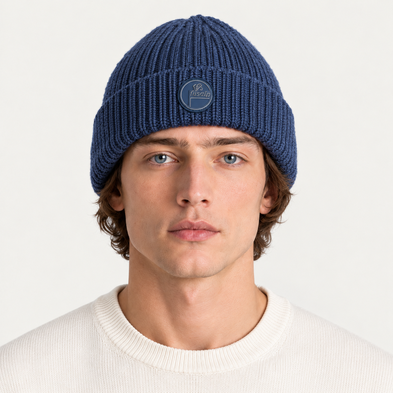 Fusalp unisex Knit II Beanie in Sea Blue, front view on male model.