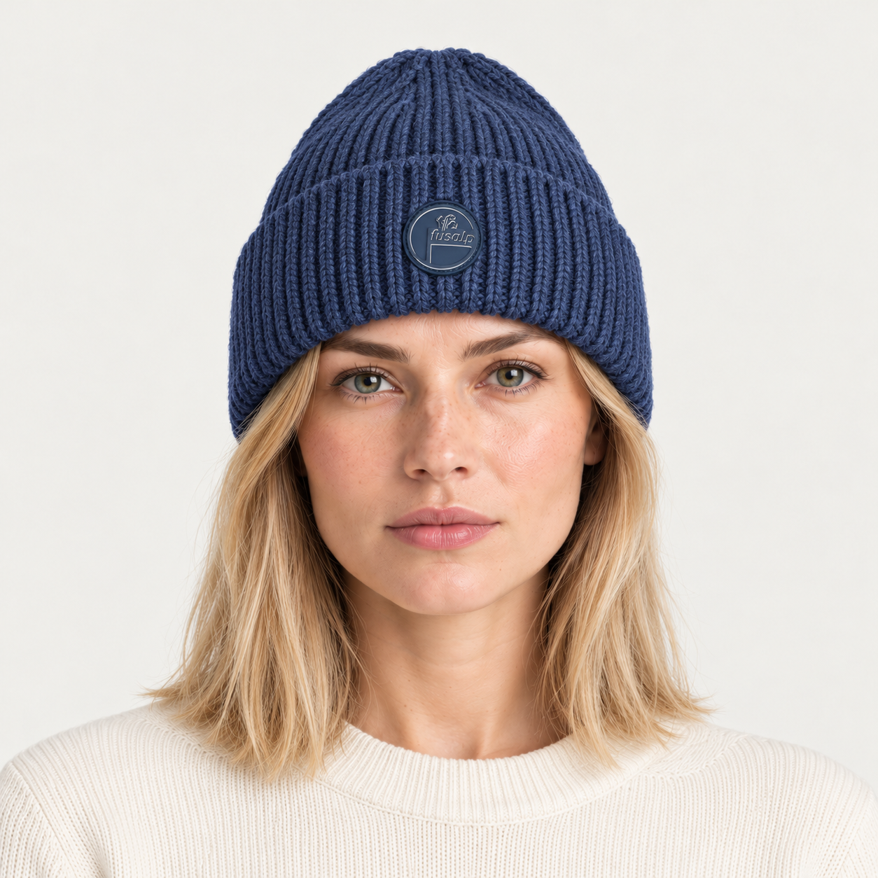 Fusalp unisex Knit II Beanie in Sea Blue, front view on female model.