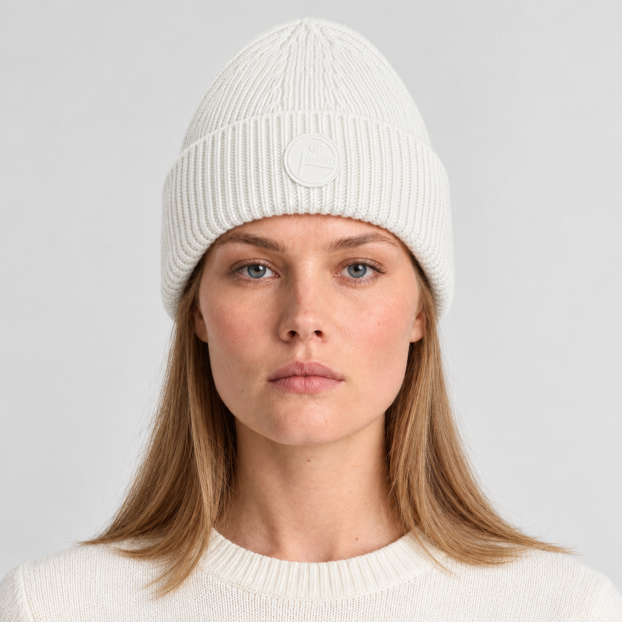 Fusalp unisex Knit II Beanie in White, view on female model.
