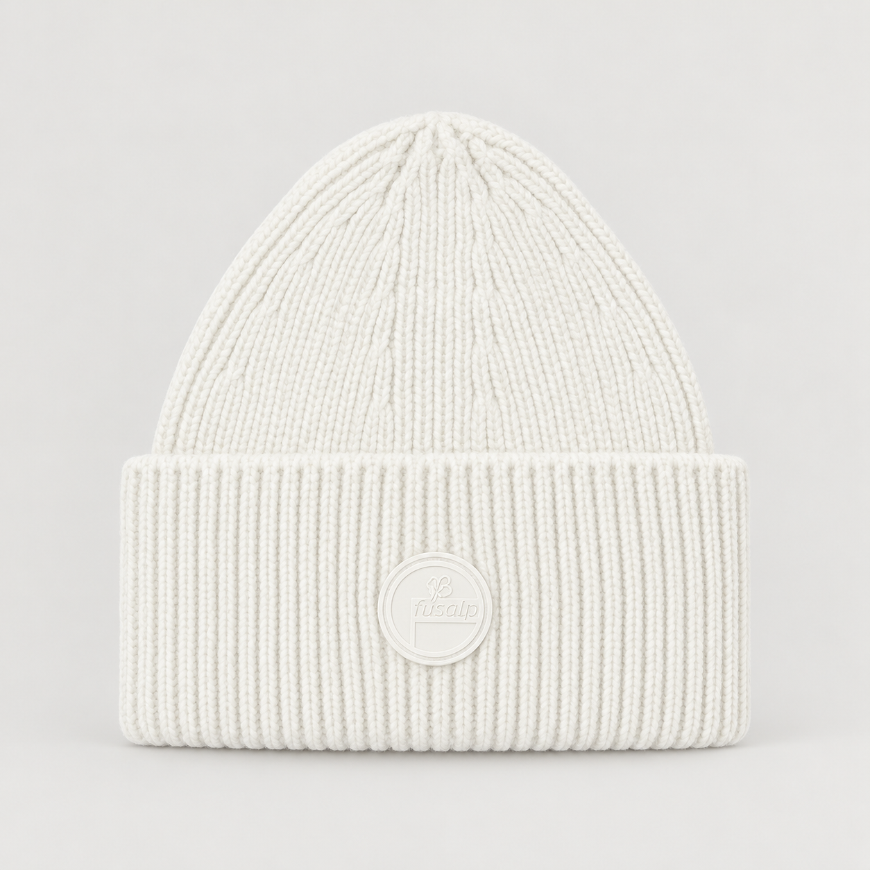 Fusalp unisex Knit II Beanie in White, product view showing knit texture and branding.
