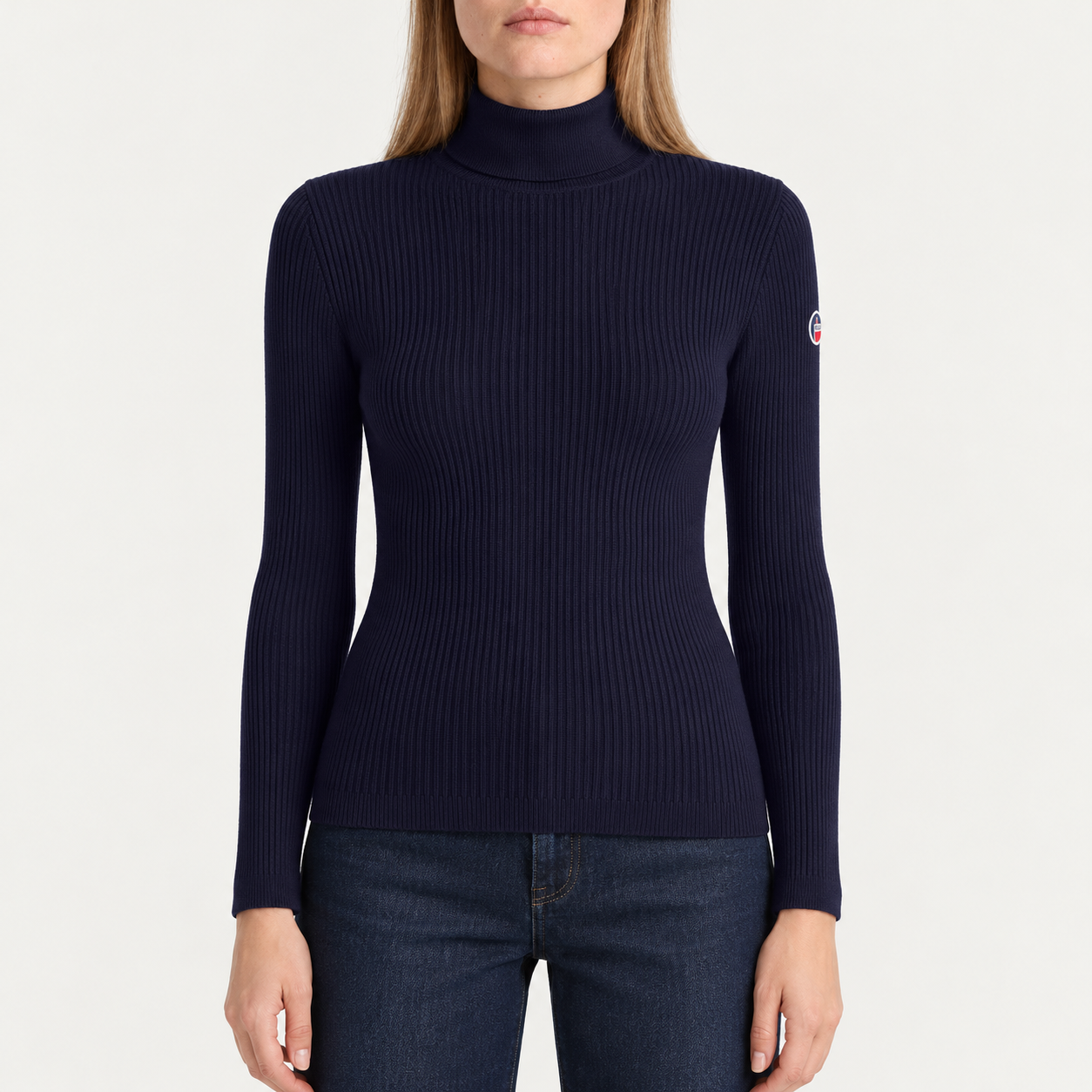 Fusalp women's Ancelle Sweater in Dark Blue, front view on model.