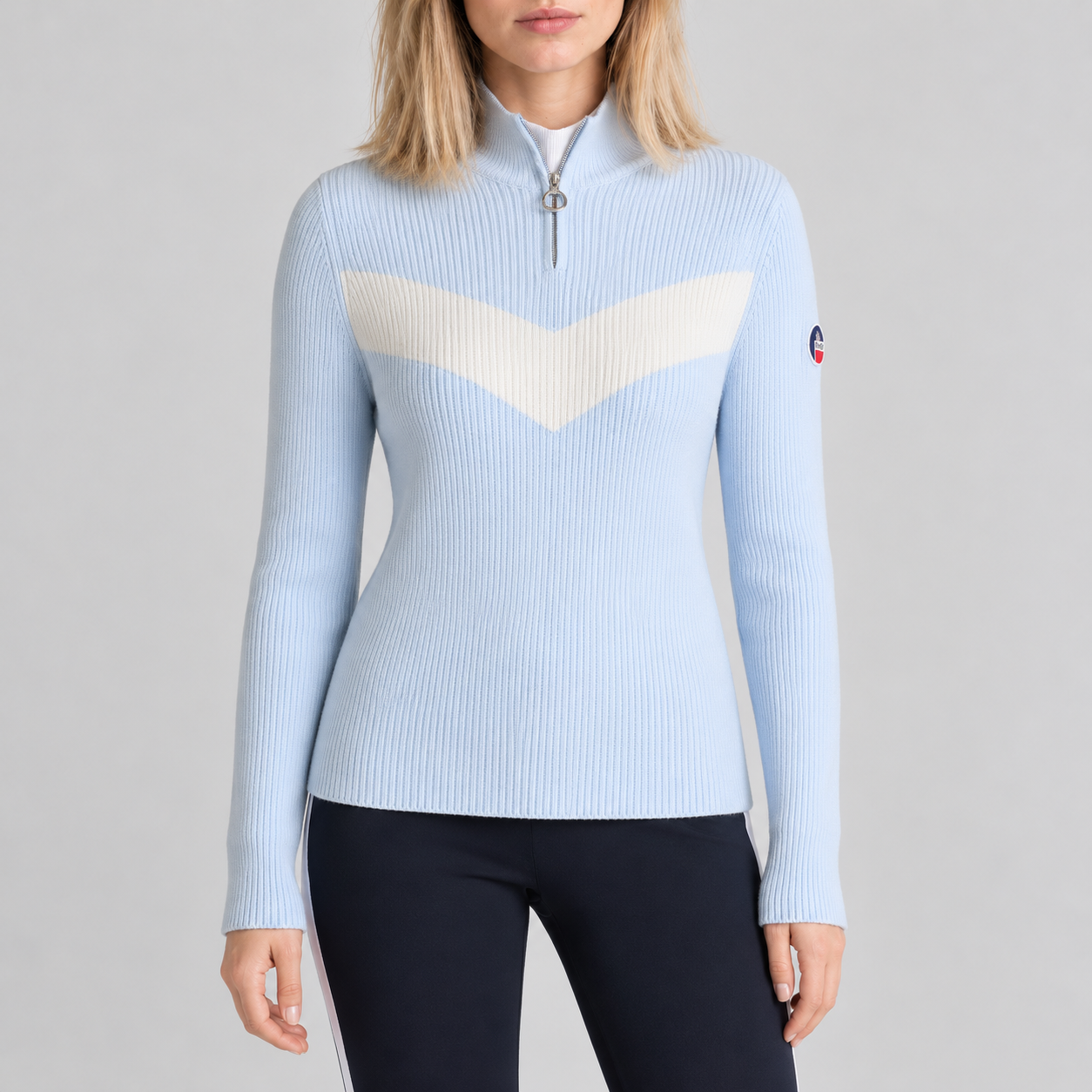 Fusalp women's Andromede Sweater in Cloud Blue, front view on model.