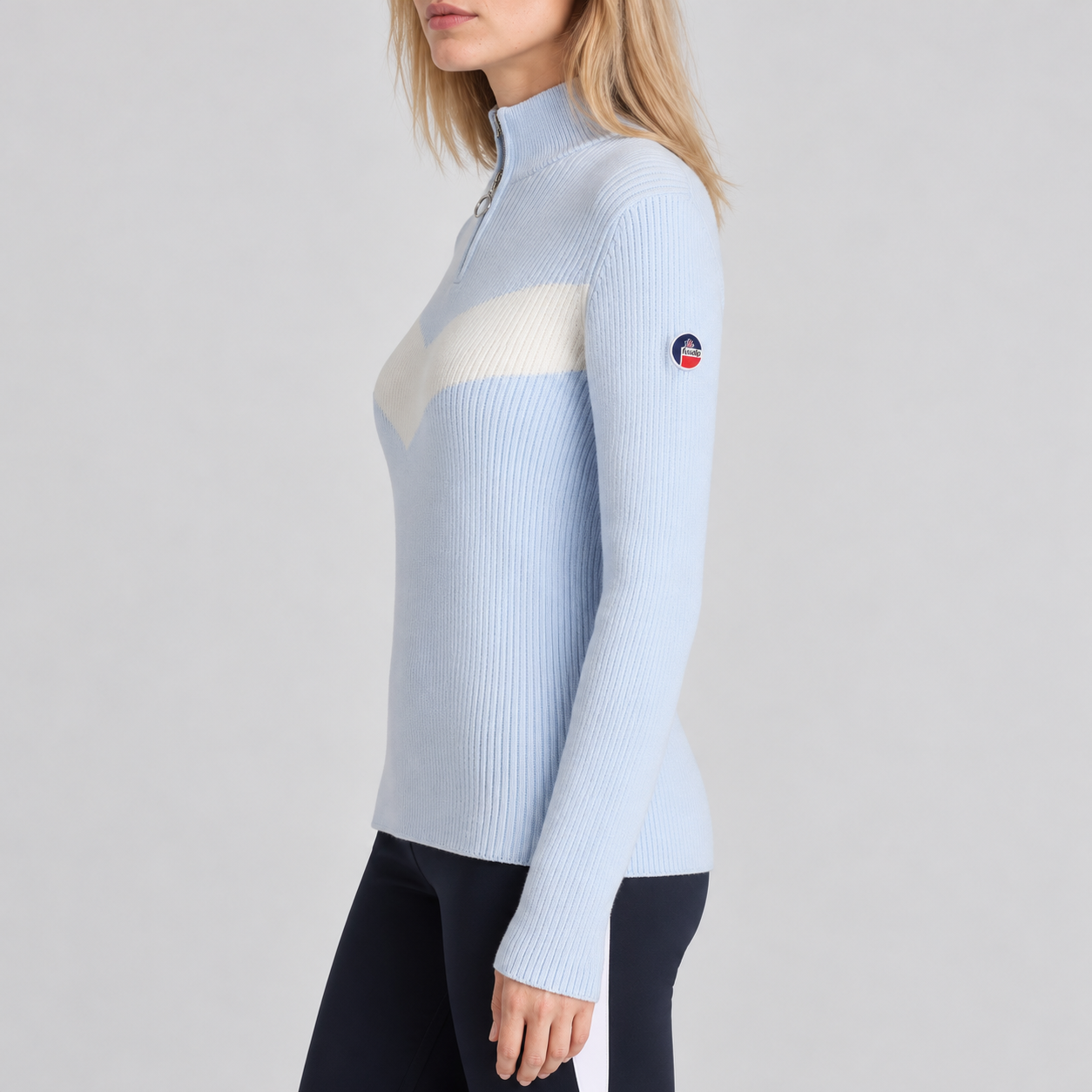 Fusalp women's Andromede Sweater in Cloud Blue, side view on model.