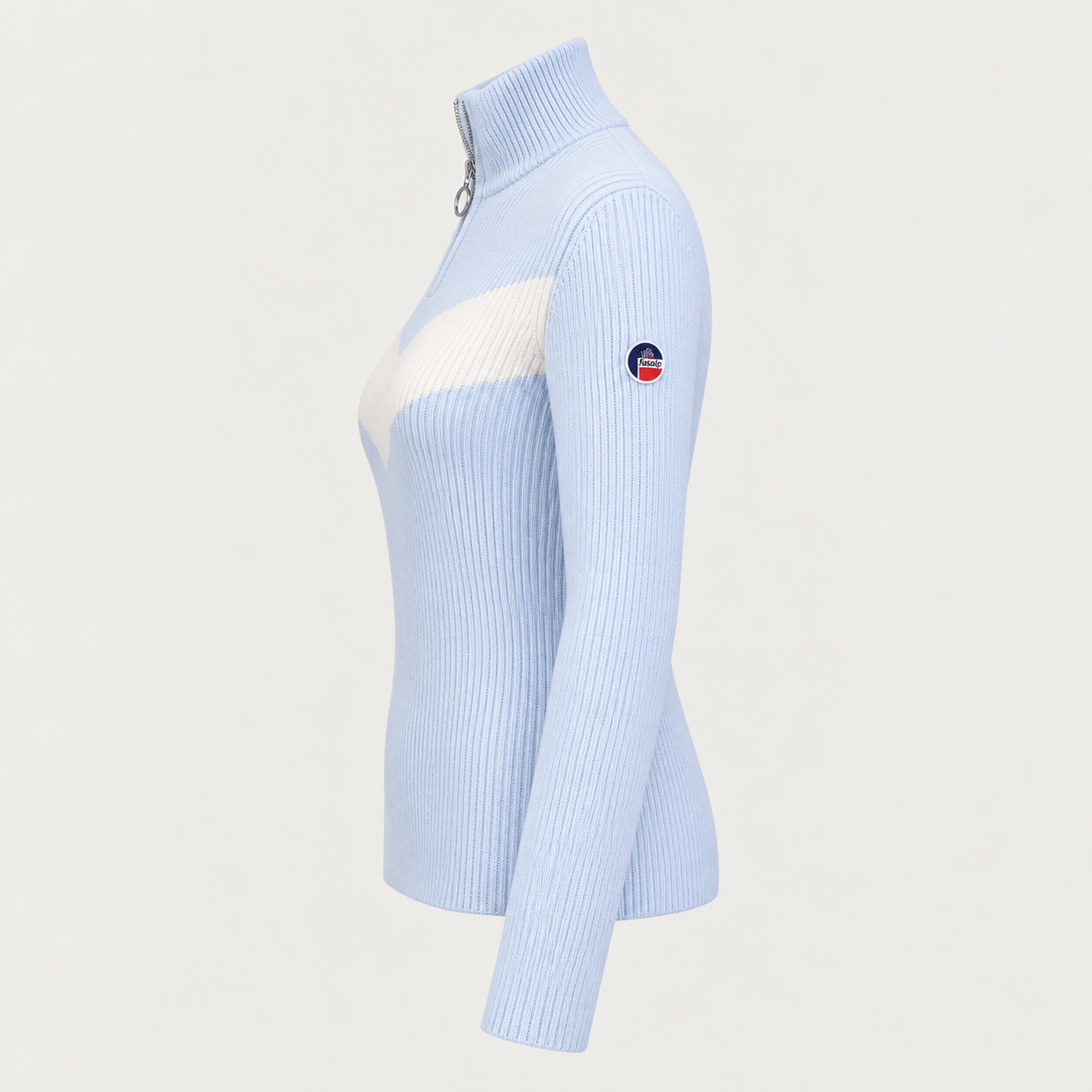 Fusalp women's Andromede Sweater in Cloud Blue, side product view.