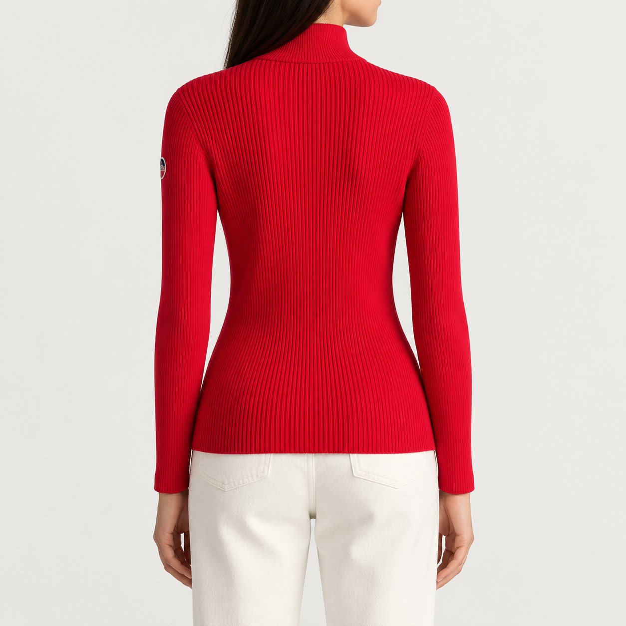 Fusalp women's Andromede Sweater in Racing Red, back view on model.