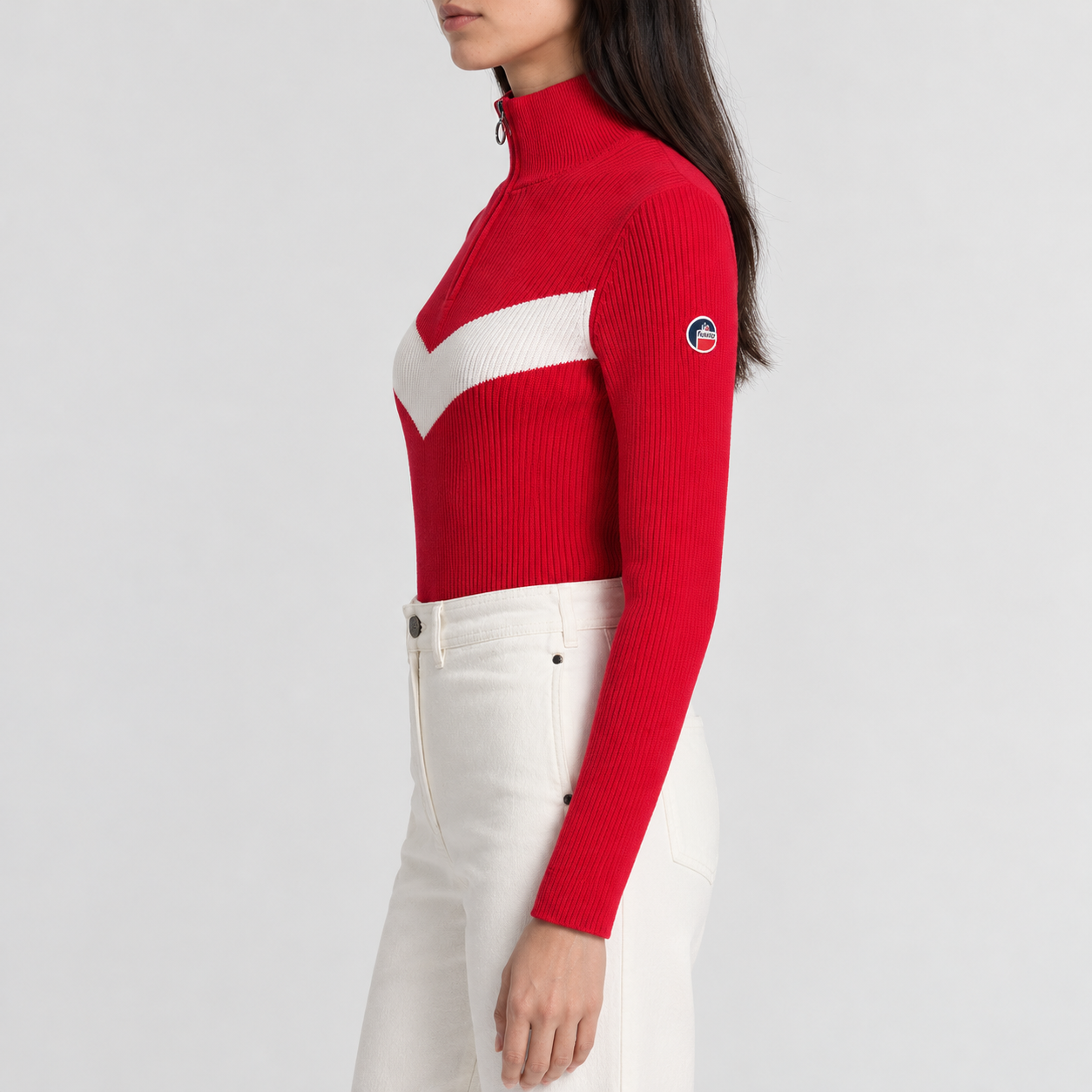 Fusalp women's Andromede Sweater in Racing Red, side view on model.