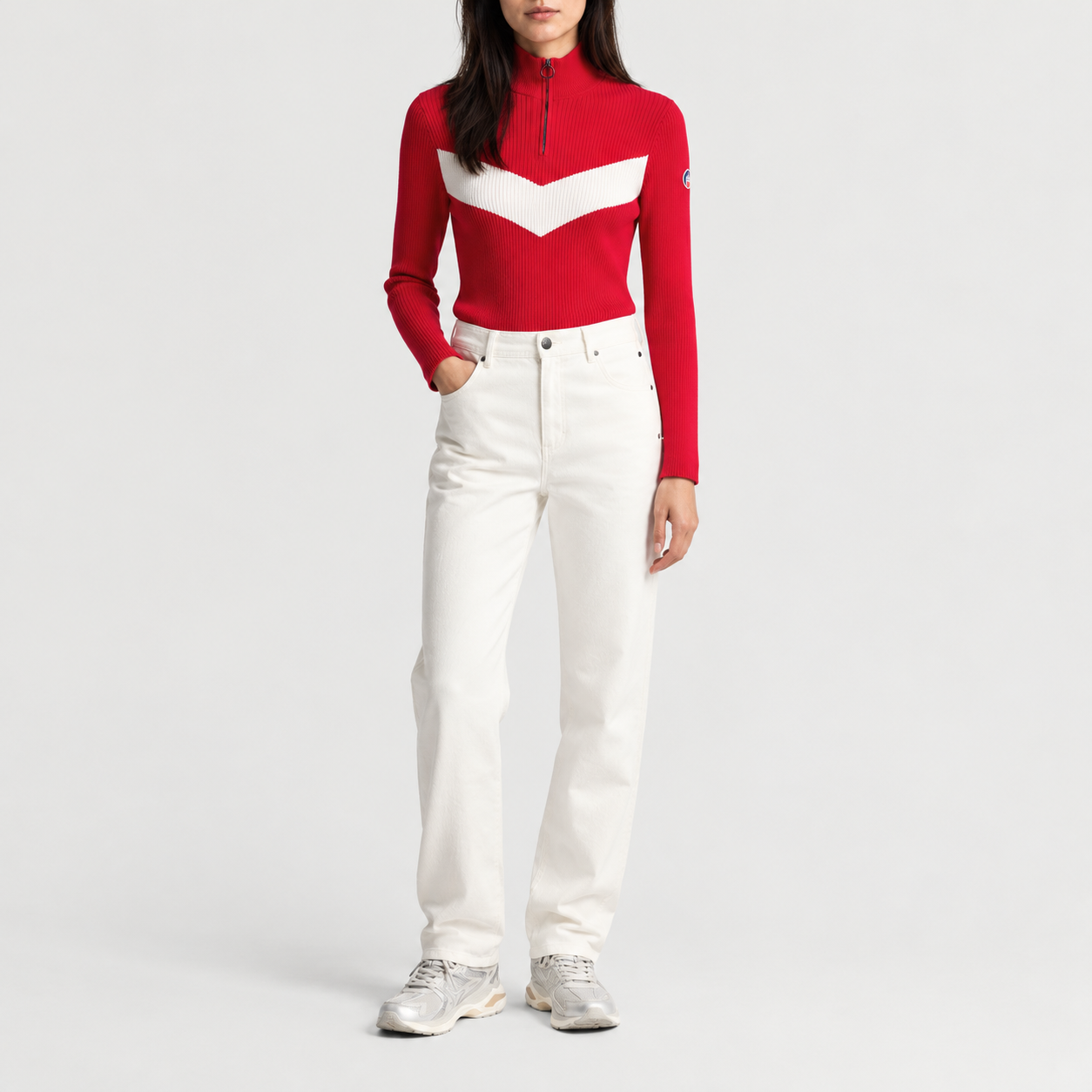 Fusalp women's Andromede Sweater in Racing Red, full outfit on model.