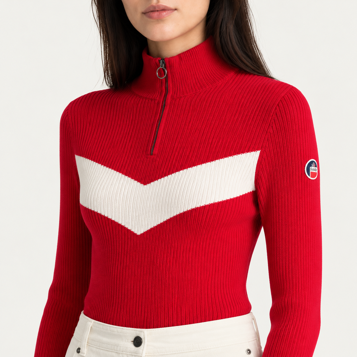 Fusalp women's Andromede Sweater in Racing Red, close-up of fabric and design.