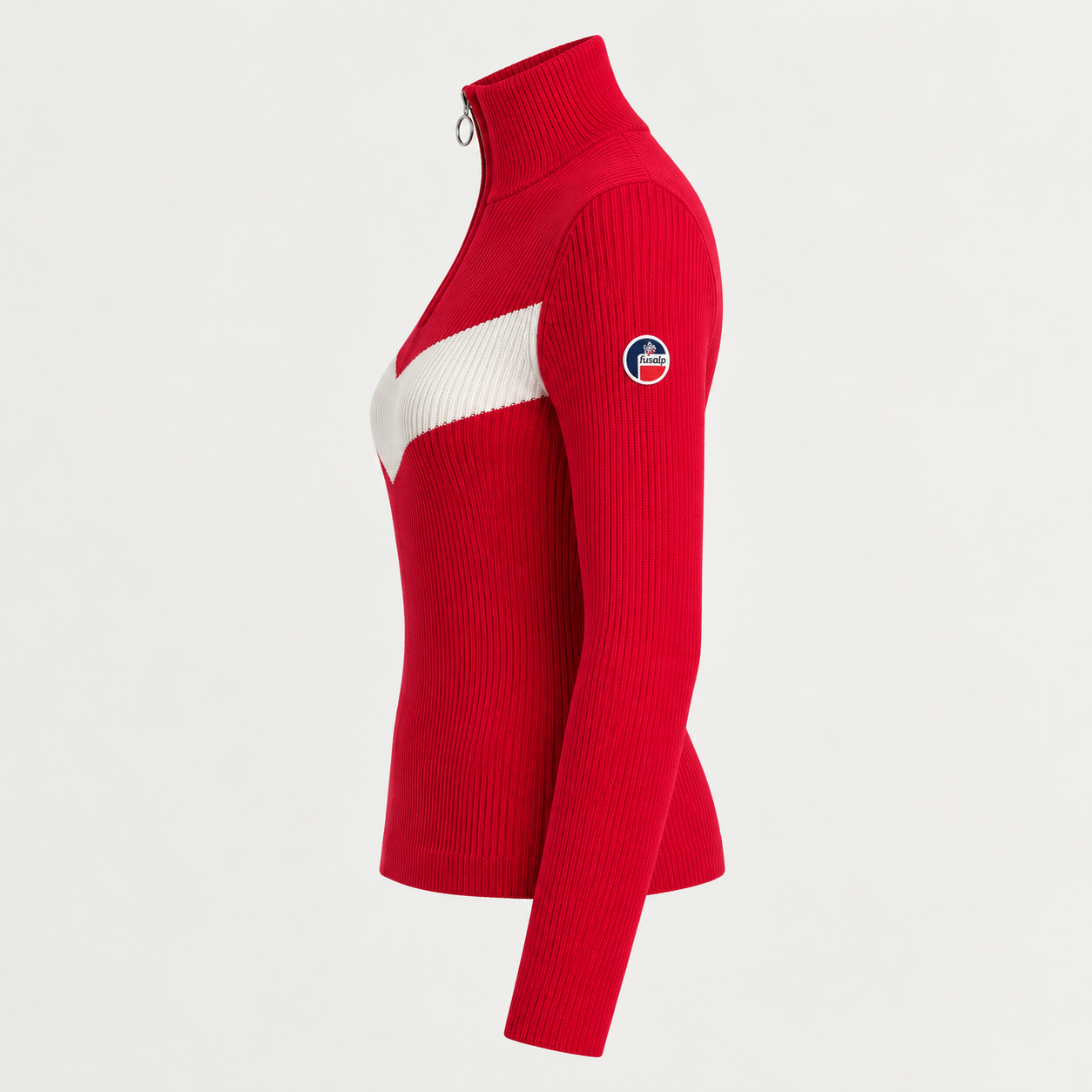 Fusalp women's Andromede Sweater in Racing Red, side product view.