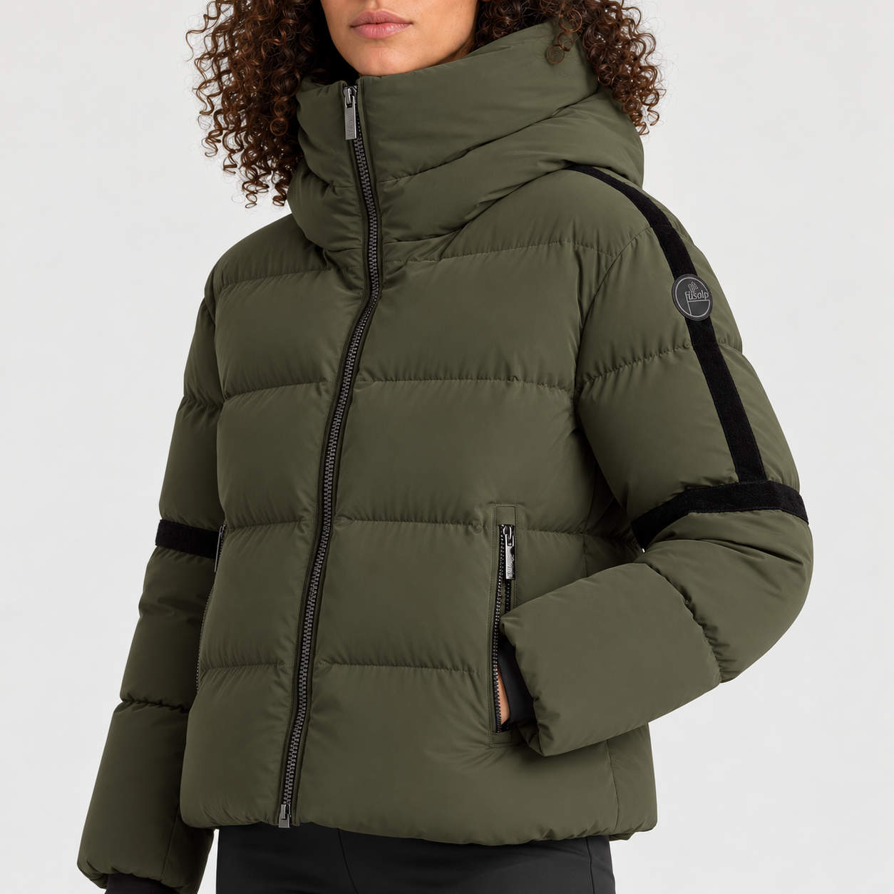 Fusalp women's Barsy II Ski Jacket in Moss Green, close-up of fabric and design.