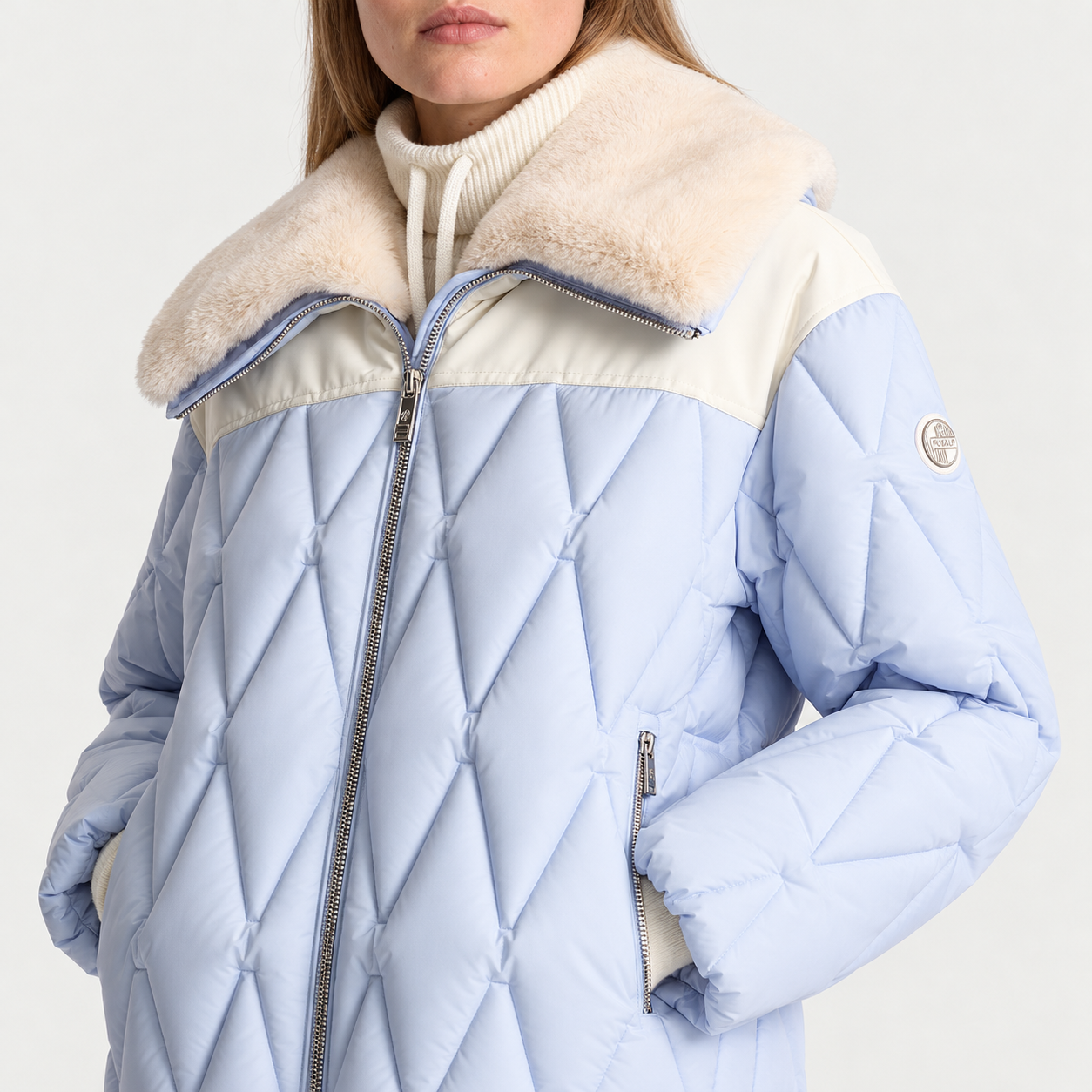 Fusalp women's Beqya Ski Jacket in Nuage, close-up of fabric and design.