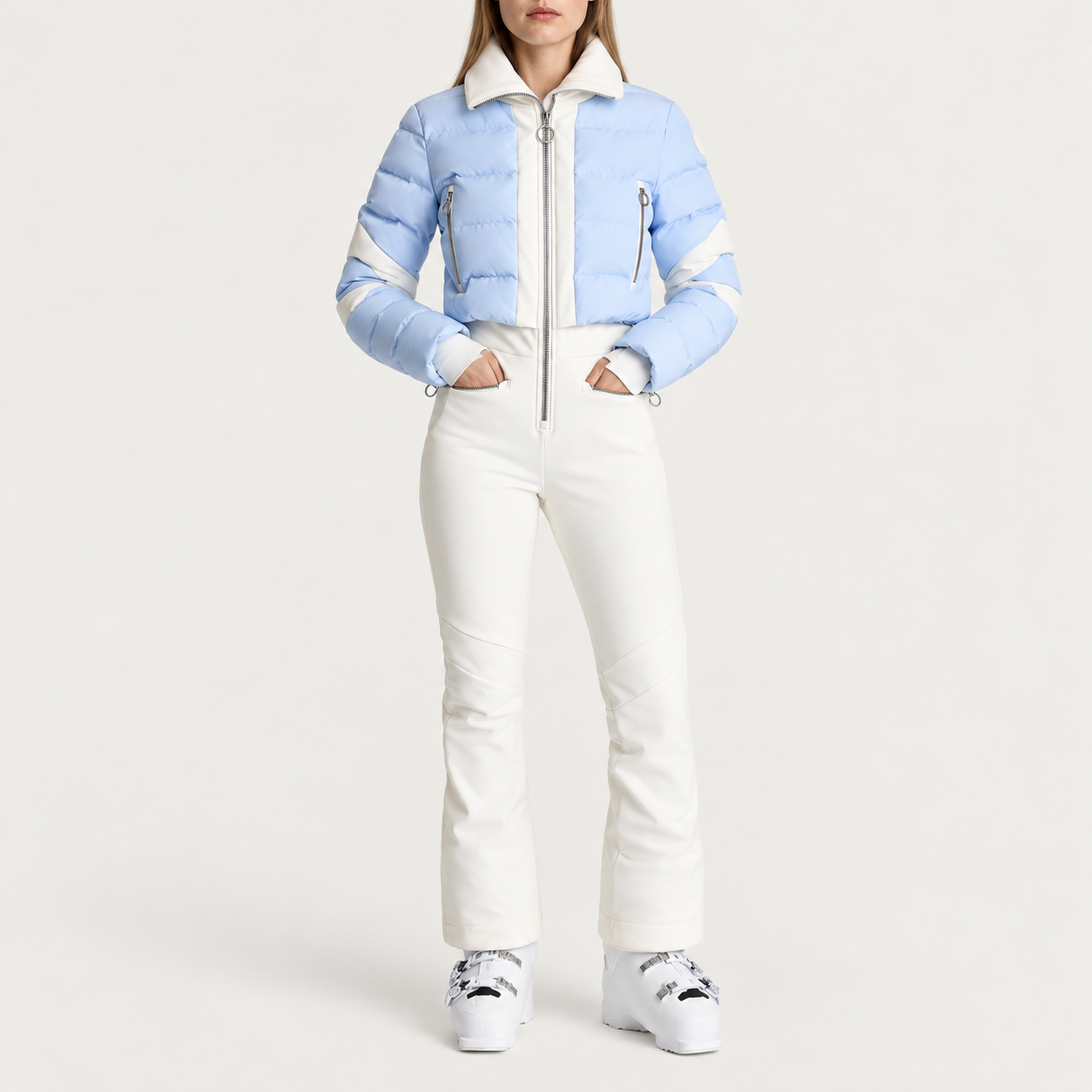Fusalp women's Clarisse Ski Suit in Cloud Blue, front view on model.