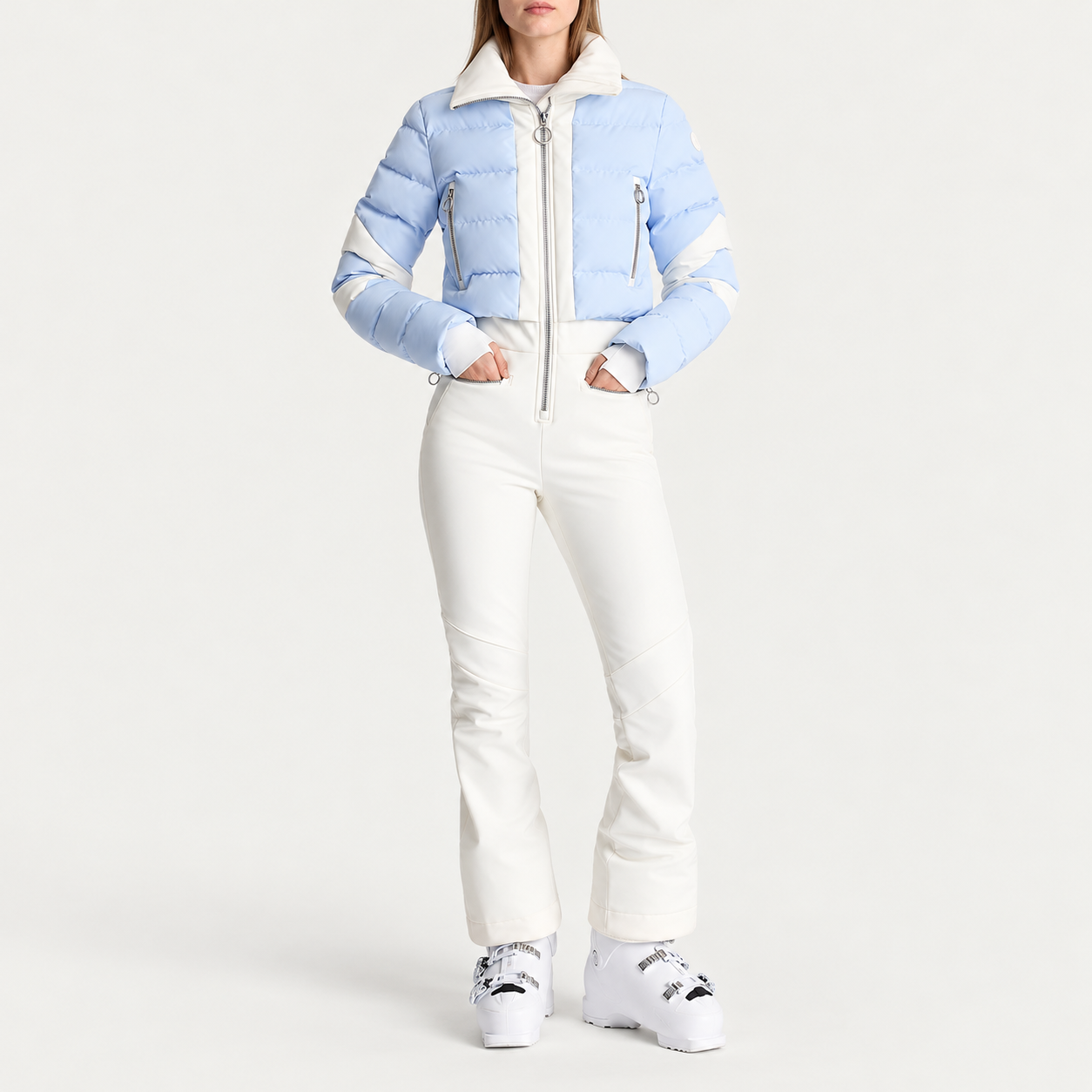 Fusalp women's Clarisse Ski Suit in Cloud Blue, full outfit on model.