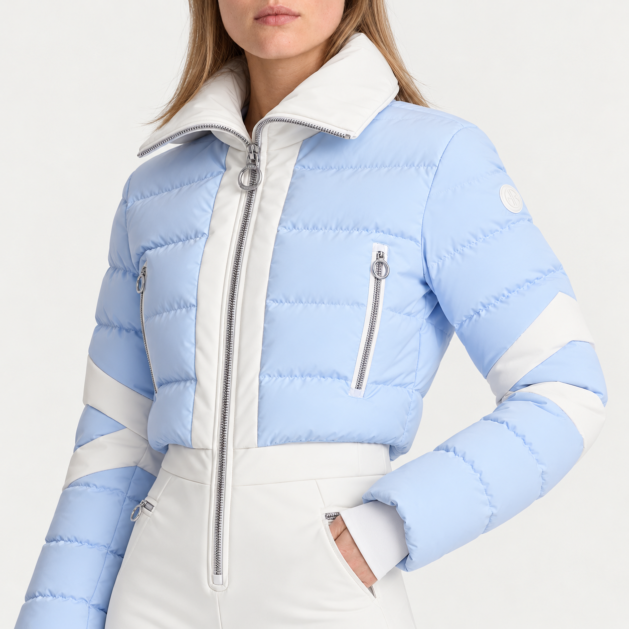 Fusalp women's Clarisse Ski Suit in Cloud Blue, close-up of fabric and design.