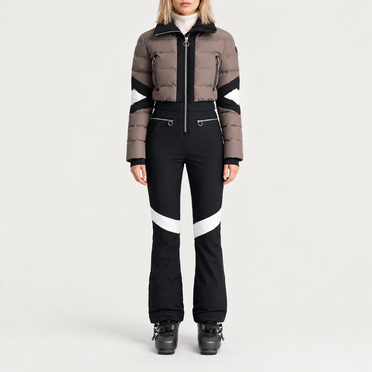 Fusalp women's Clarisse Ski Suit in Falcon/Black, full outfit on model.