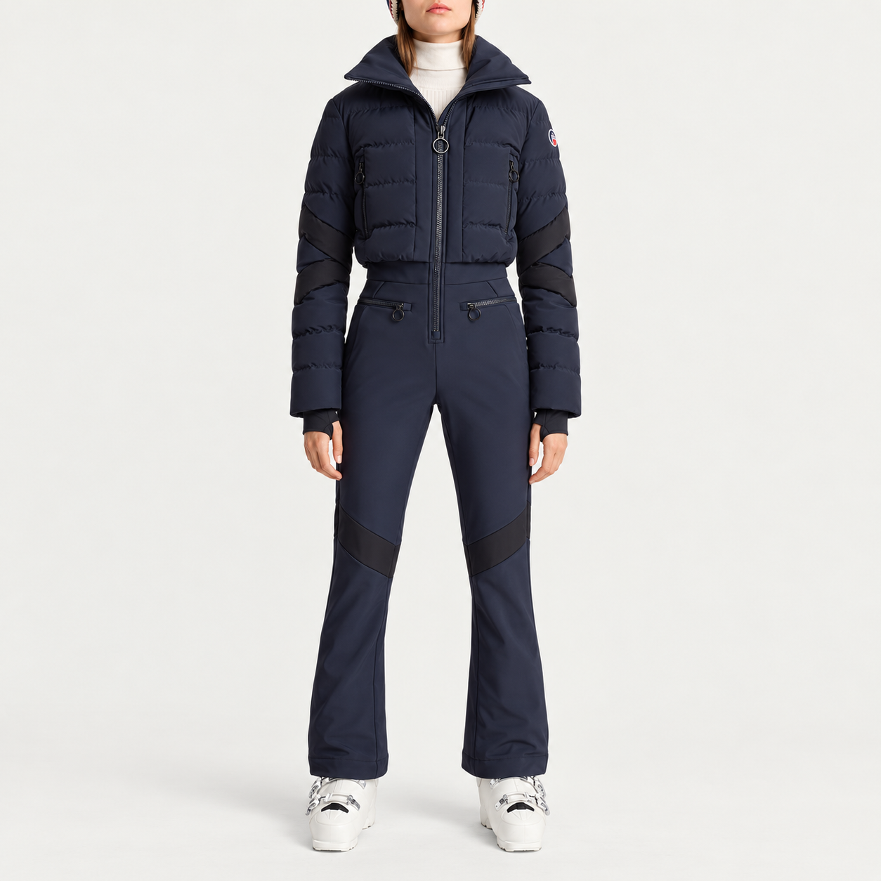 Fusalp women's Clarisse Ski Suit in Navy, full outfit on model.