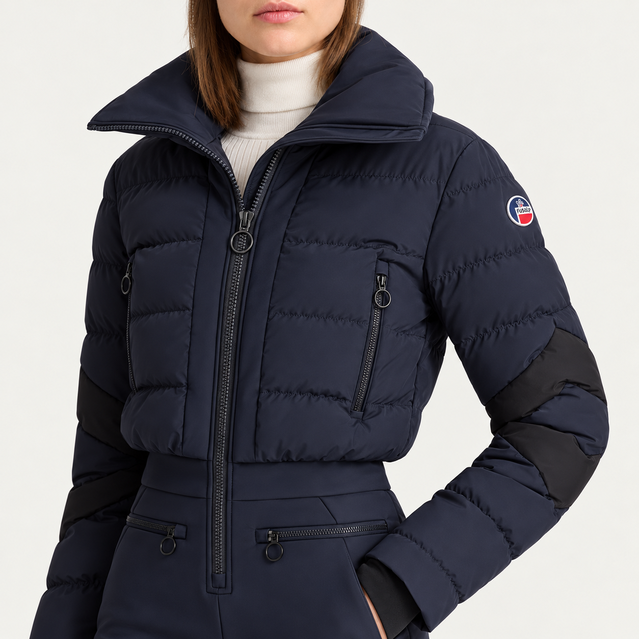 Fusalp women's Clarisse Ski Suit in Navy, close-up of fabric and design.